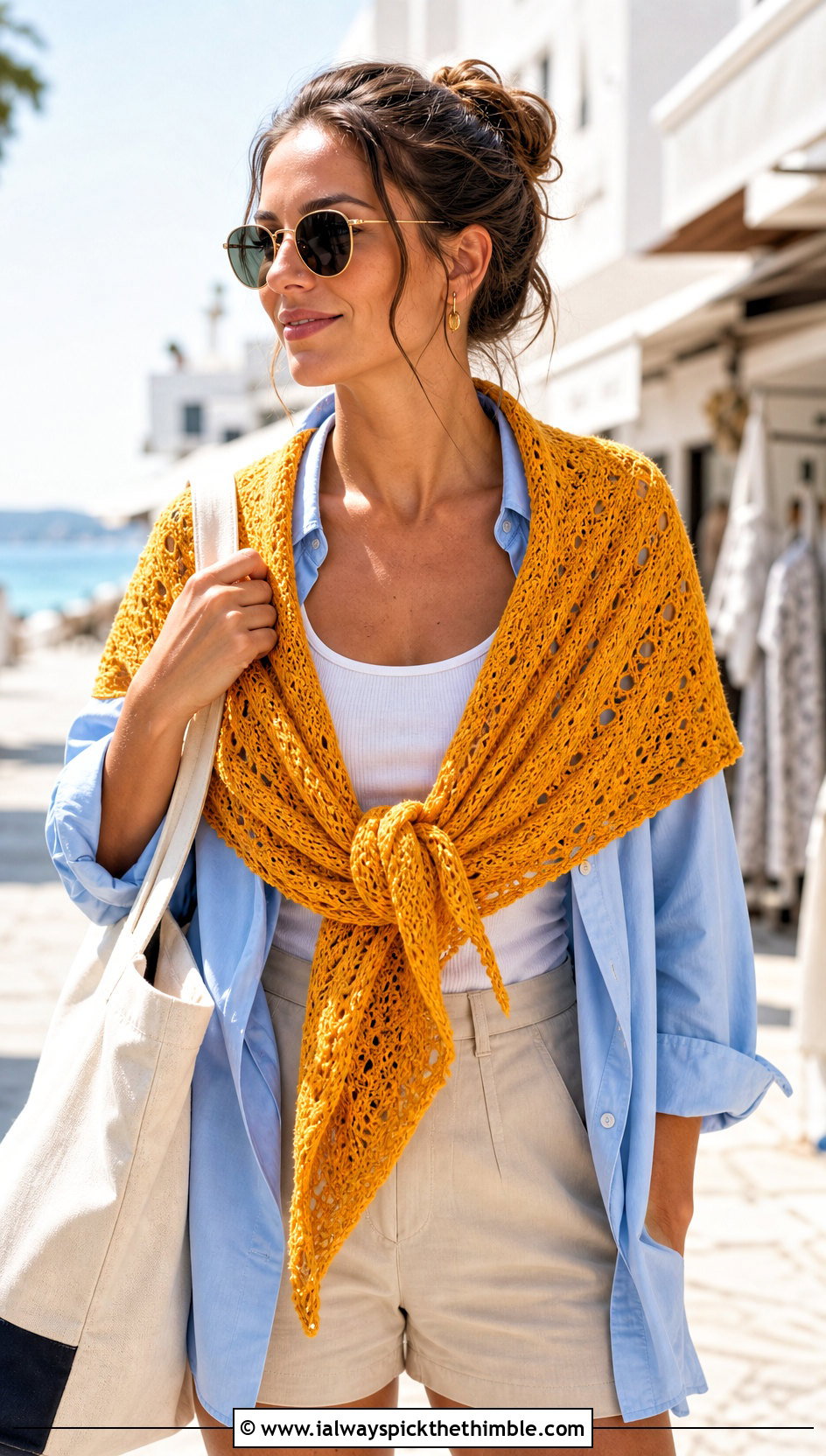 Cotton Lace Triangle Shawl With Shorts And Oversized Shirt - 20 Crochet Lacy Triangle Shawl outfit ideas