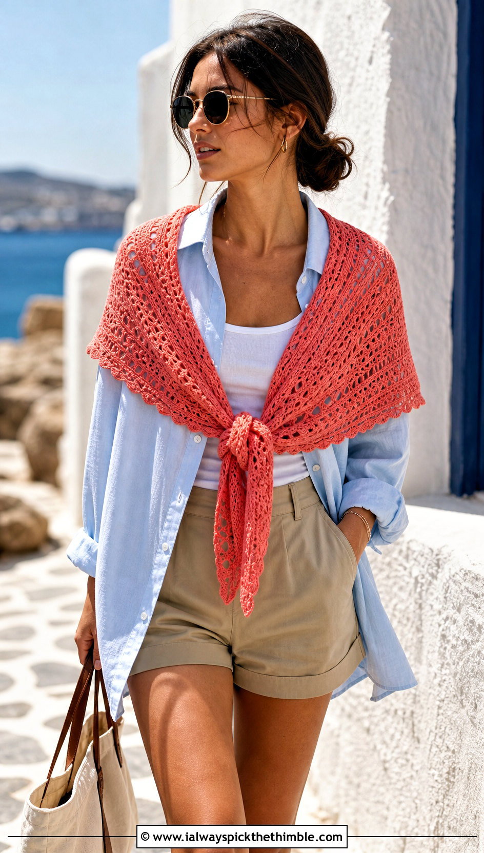 Cotton Lace Triangle Shawl With Shorts And Oversized Shirt - 20 Crochet Lace Triangle Shawl outfit ideas