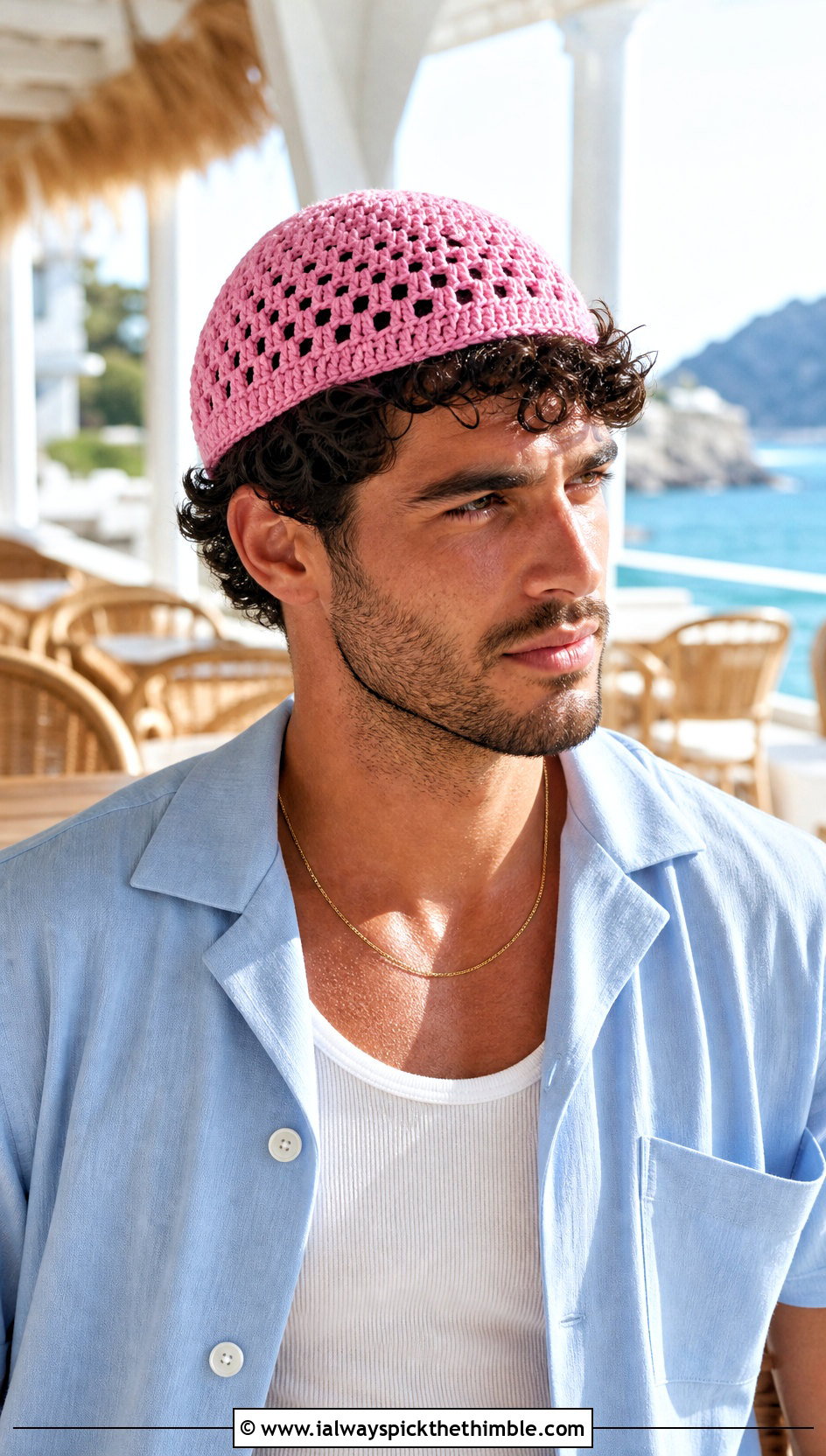 Cotton Mesh Crochet Beanie With Camp Collar Shirt - 25 men's crochet beanie outfit ideas