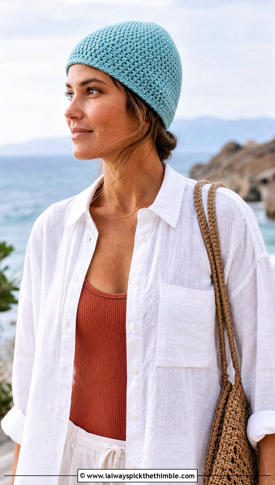 Cotton Moss Stitch Beanie With Linen Shirt - 20 Crochet Moss Stitch Hat outfit ideas