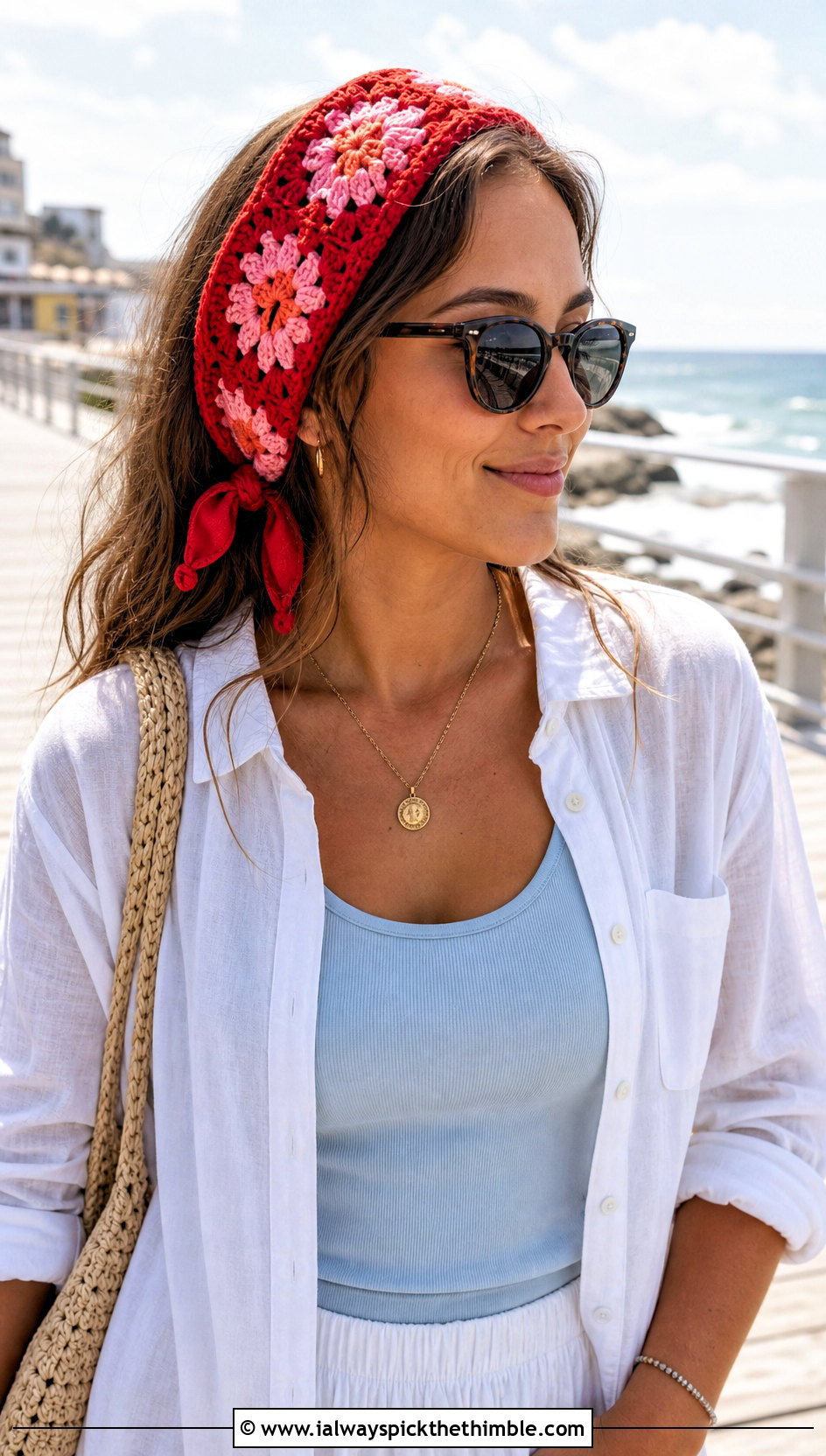 Cotton Tie Crochet Granny Square Headband With Beach Outfit - 15 Crochet Granny Square Headband outfit ideas