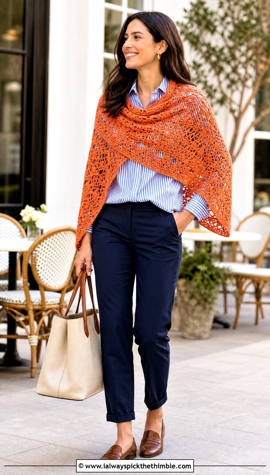 Cotton Virus Shawl With Striped Shirt And Chinos - 25 crochet virus shawl outfit ideas