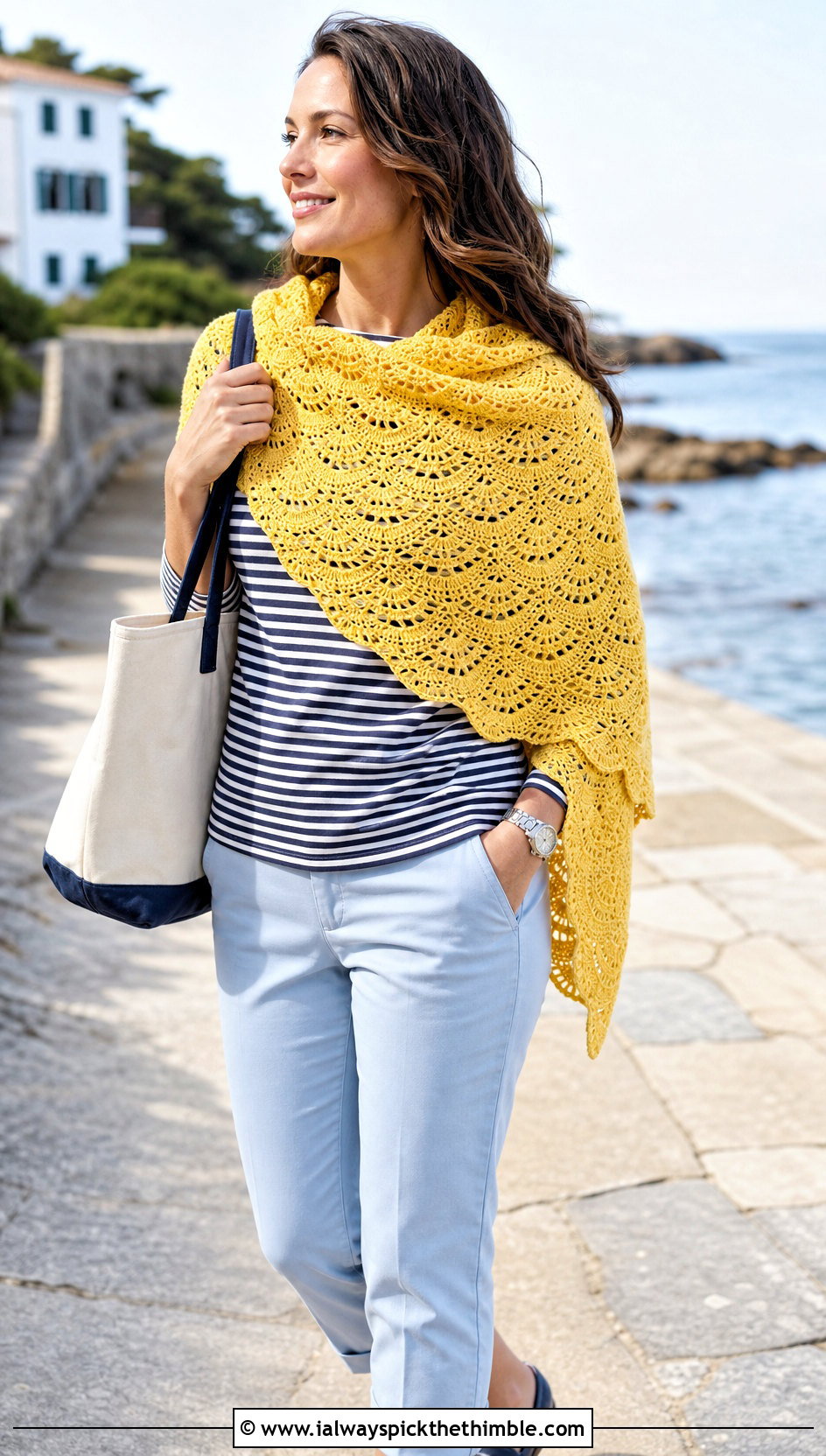 Cotton Virus Shawl With Striped Shirt And Chinos - 15 crochet virus shawls outfit ideas