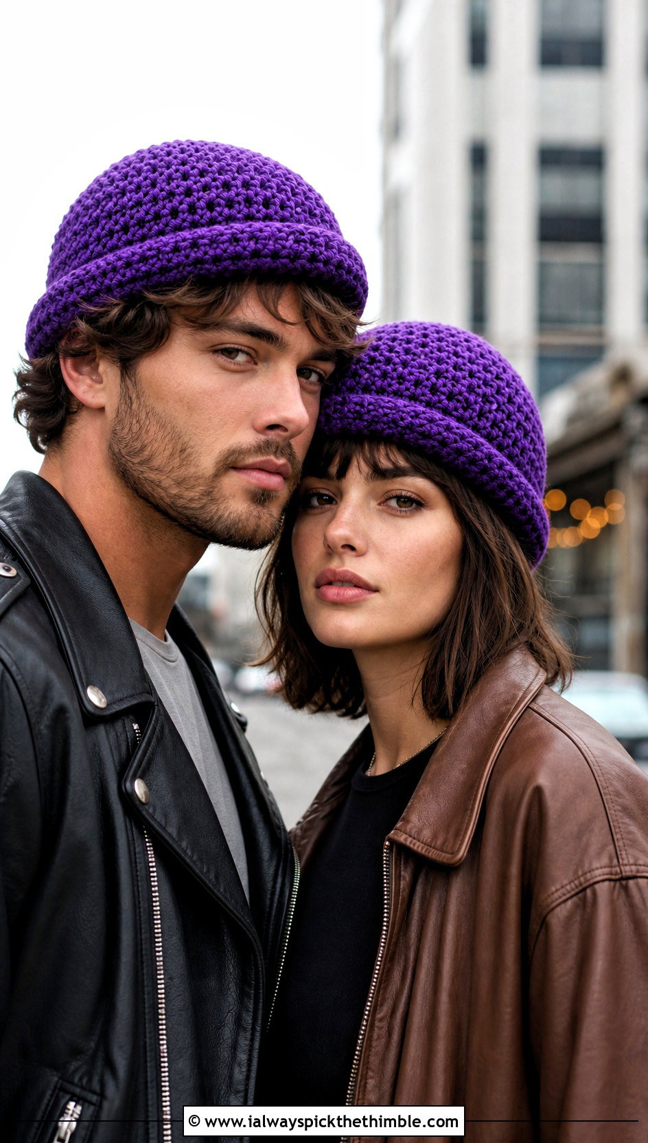 Couples Fisherman Crochet Beanies With Leather Jackets - 15 Couples Crochet Hats outfit ideas