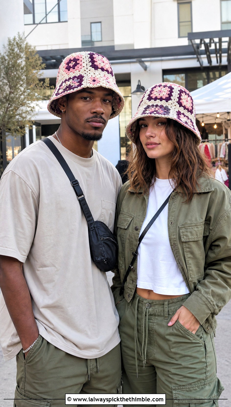 Couples Granny Square Crochet Bucket Hats With Cargo Pants - 15 Couples Crochet Hats outfit ideas