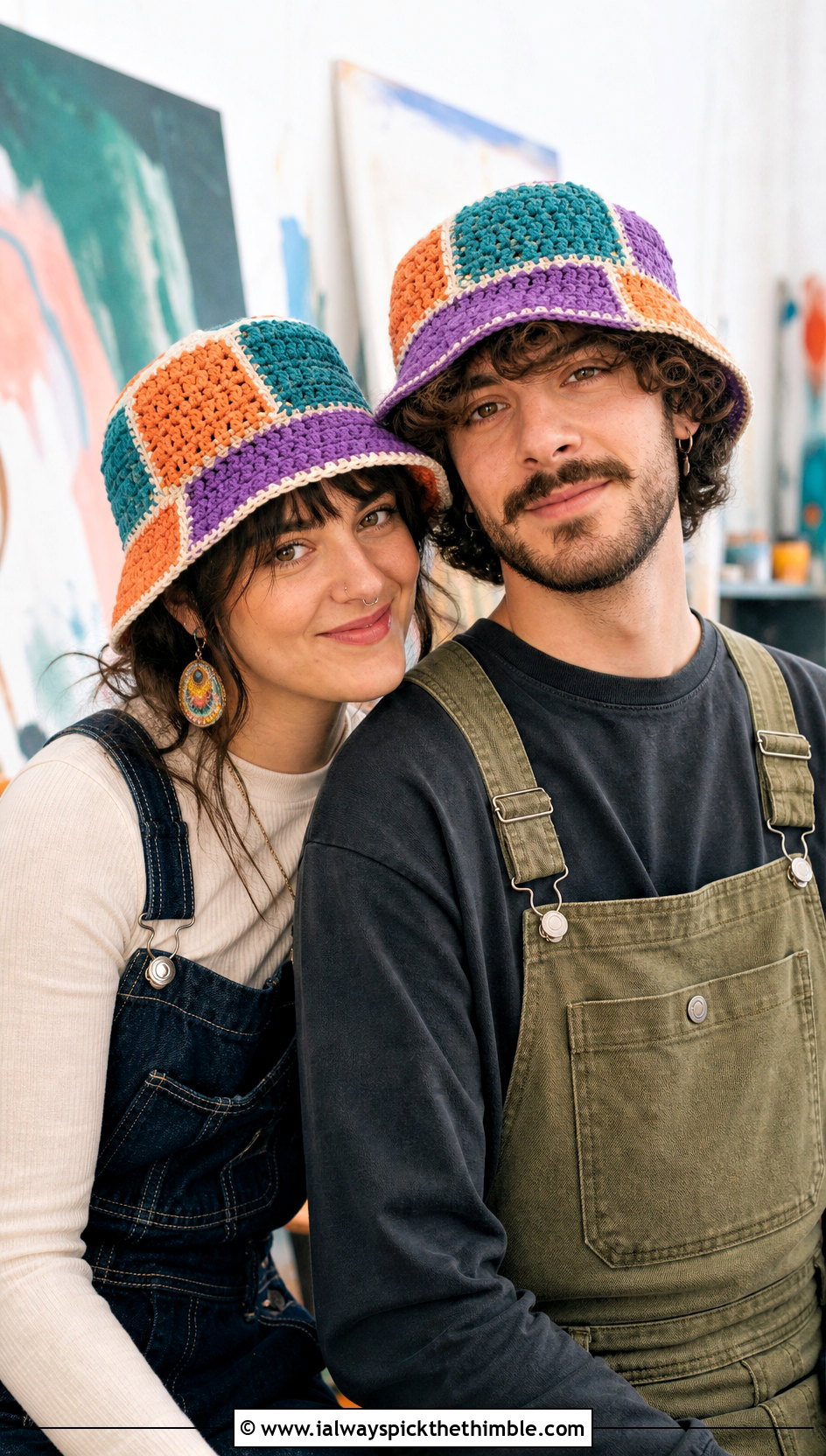 Couples Patchwork Crochet Hats With Overalls - 15 Couples Crochet Hats outfit ideas