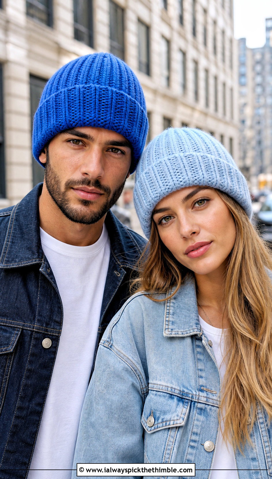 Couples Ribbed Crochet Beanies With Denim Jackets - 15 Couples Crochet Hats outfit ideas