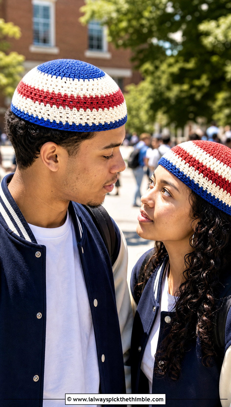 Couples Striped Crochet Skull Caps With Varsity Jackets - 15 Couples Crochet Hats outfit ideas