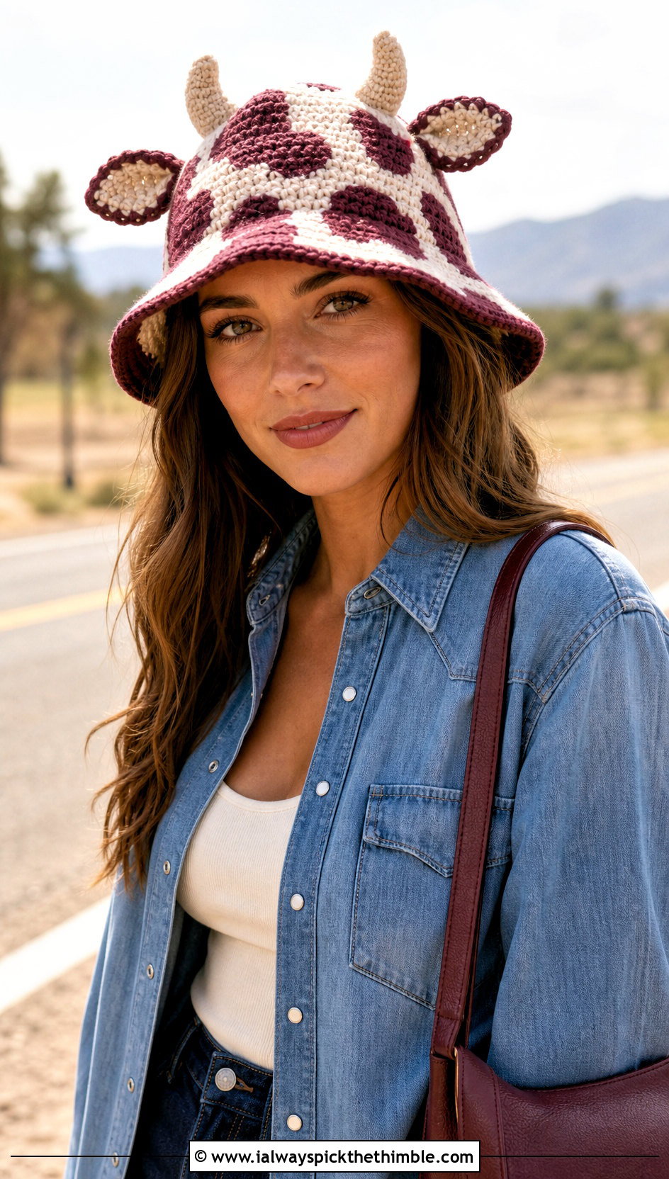 Cow Crochet Bucket Hat With Western Denim Outfit - 20 funny crochet hat outfit ideas