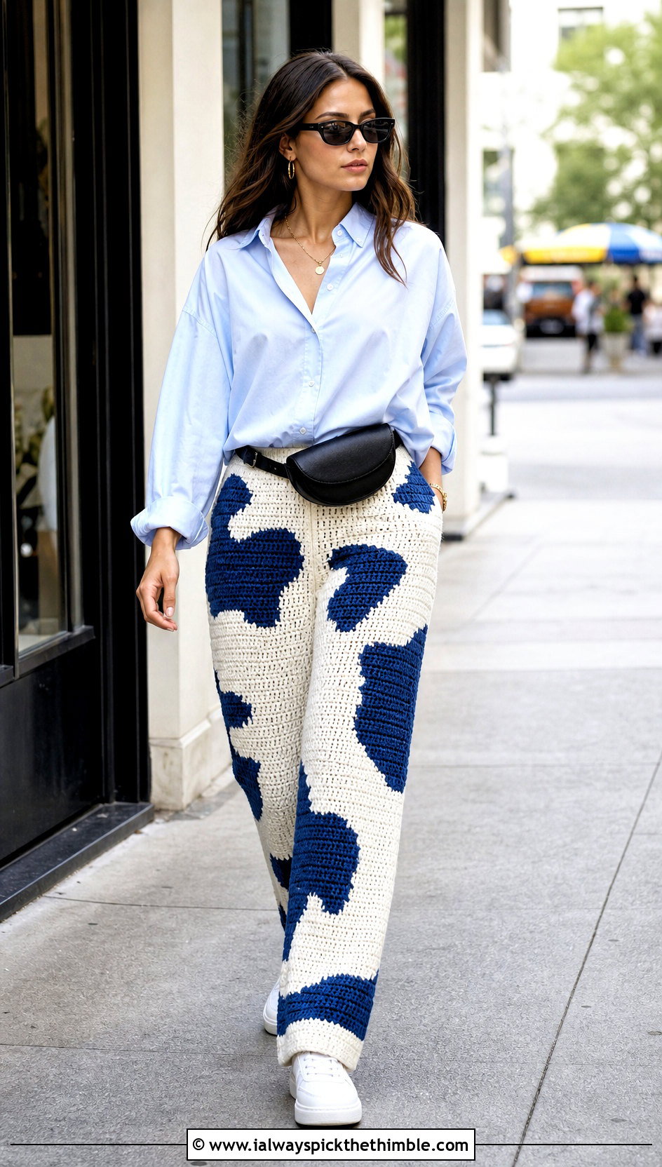 Cow Print Crochet Pants With Poplin Shirt - 20 Funny Crochet Clothes and outfit ideas