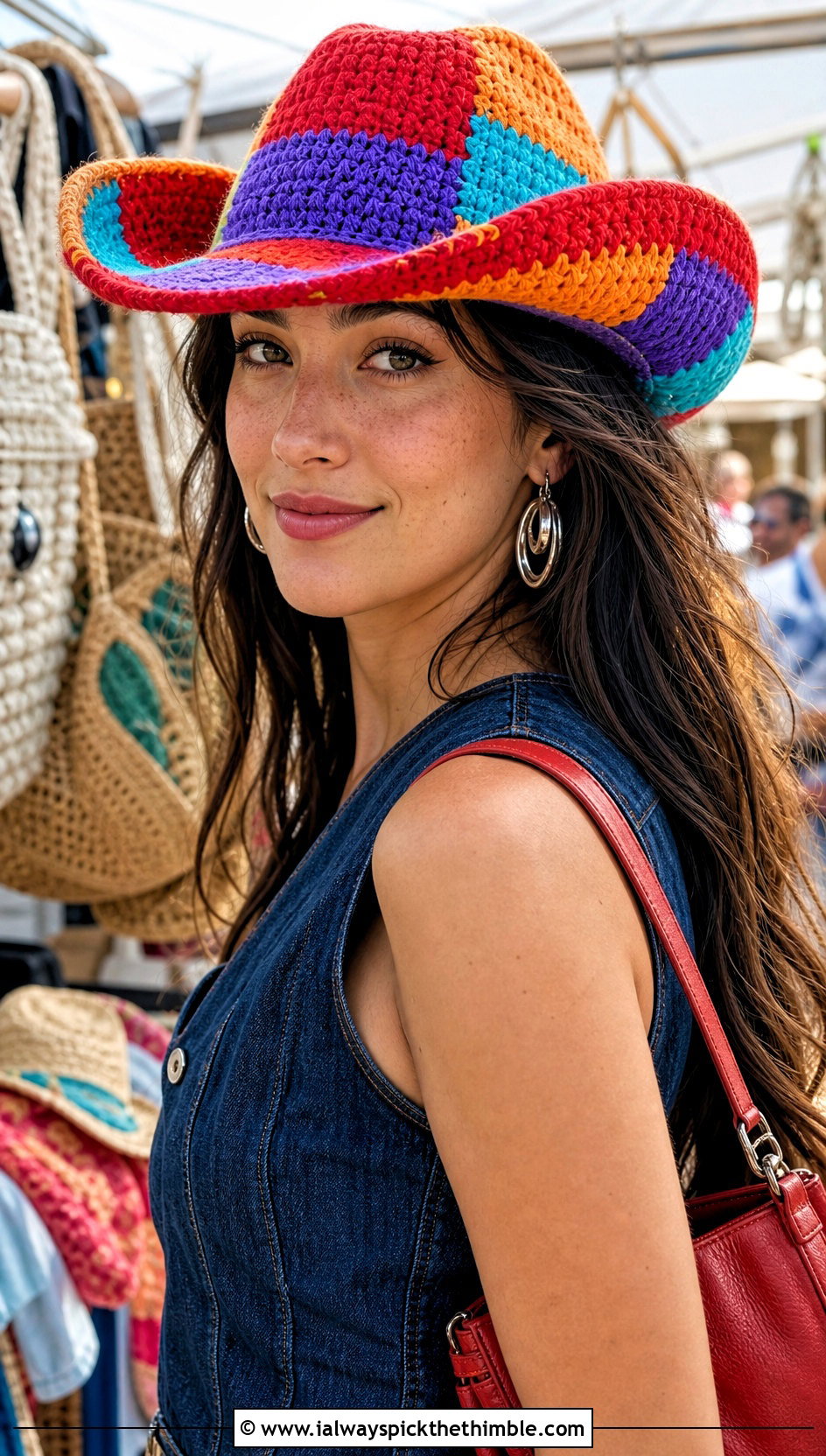 Cowboy Beach Ball Crochet Sun Hat With Denim Dress And Western Boots - 15 beach ball crochet sun hat outfit ideas