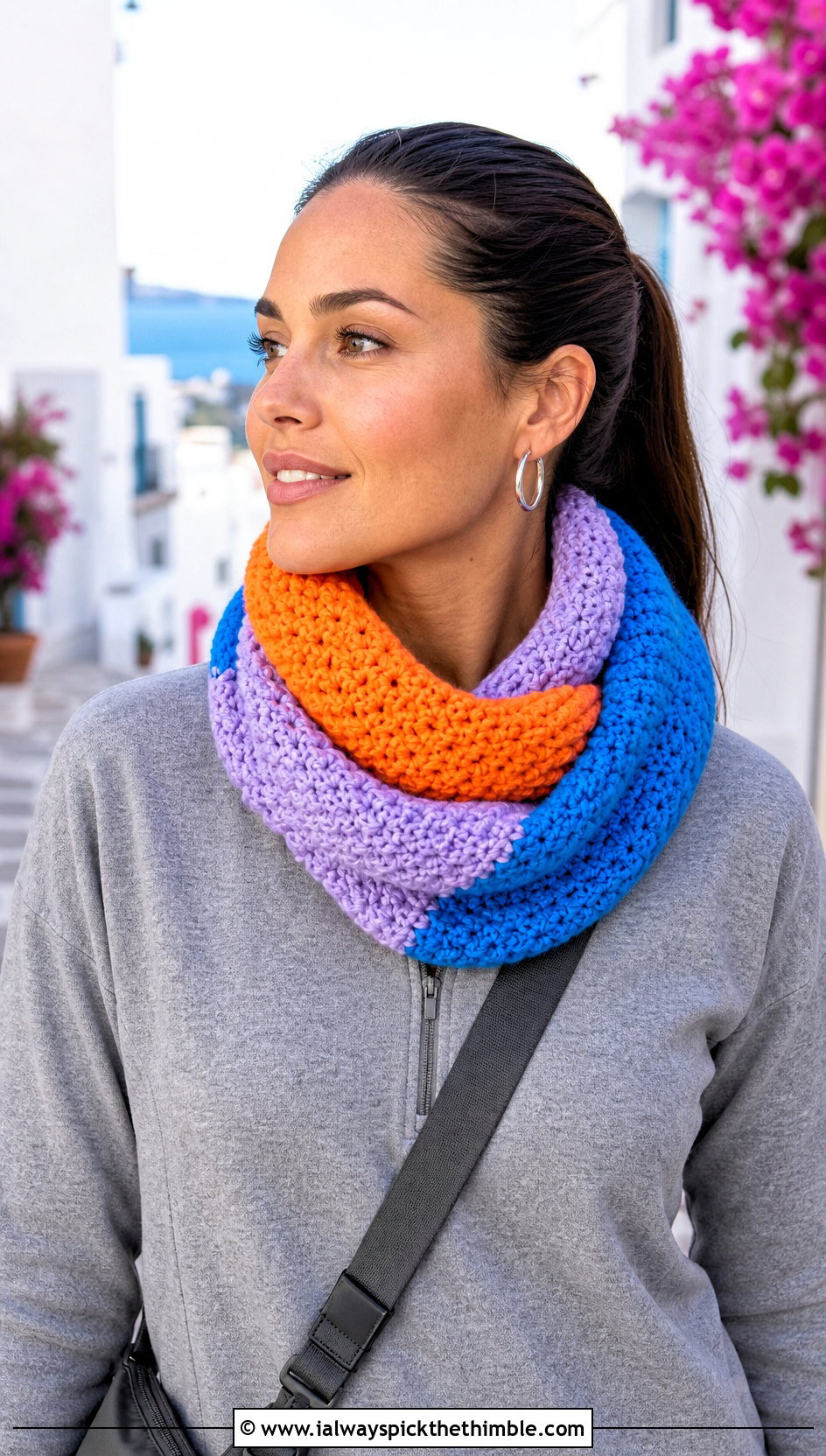 Cowl Color Block Crochet Scarf With Athletic Set - 20 Color Block Crochet Scarf outfit ideas