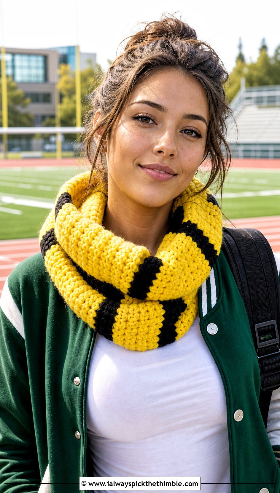 Cowl Crochet Hufflepuff Scarf With Varsity Jacket - 20 crochet hufflepuff scarf outfit ideas