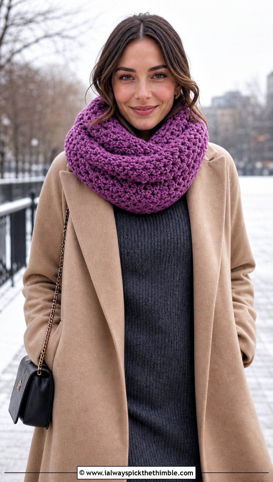 Cowl Crochet Scarf With Knit Dress And Tall Boots - 15 Winter Crochet Scarf Design outfit ideas
