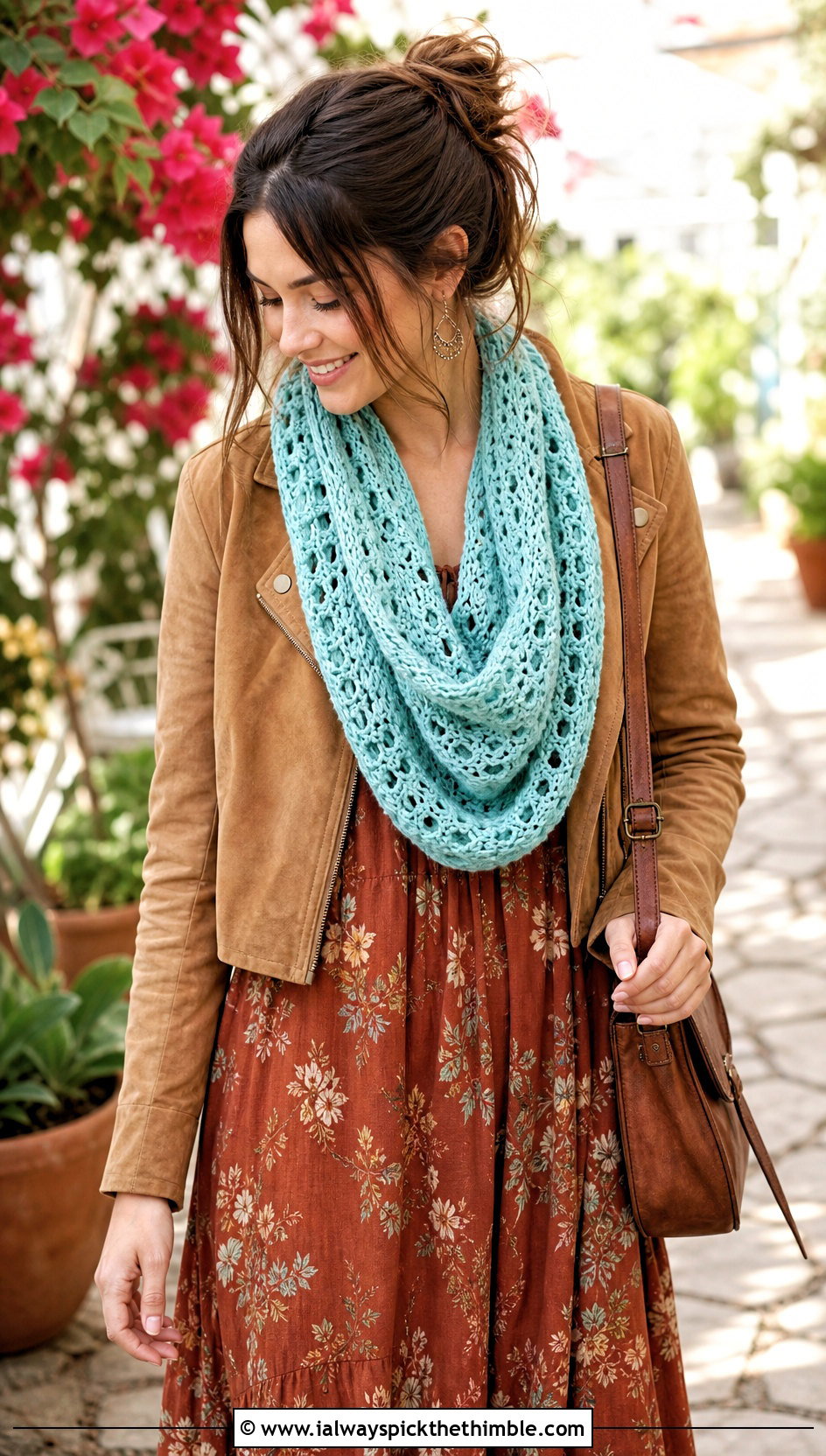 Cowl Crochet Scarf With Maxi Dress - 20 Multifunctional Crochet Scarf outfit ideas