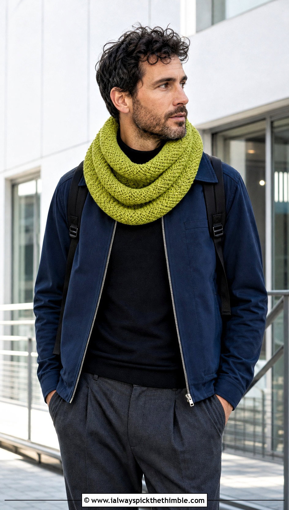 Cowl Crochet Scarf With Minimalist Workwear - 20 Mens Crochet Scarf outfit ideas