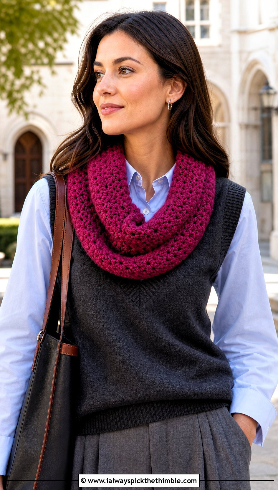 Cowl Crochet Scarf With Sweater Vest - 25 beginner crochet scarf outfit ideas