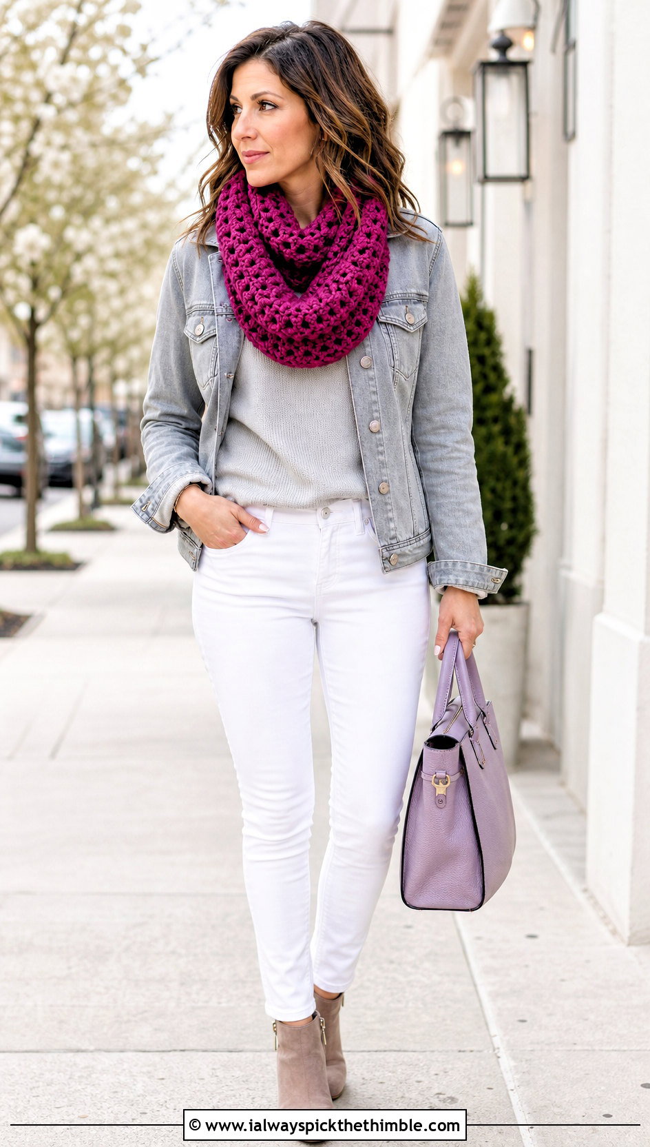 Cowl Crochet Scarf With White Denim - 20 denim and crochet scarf outfit ideas