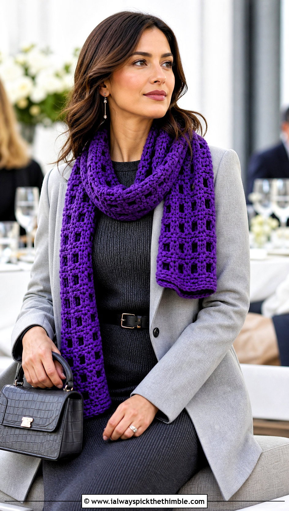 Cowl Crochet Windowpane Scarf With Knit Dress - 15 crochet windowpane scarf outfit ideas