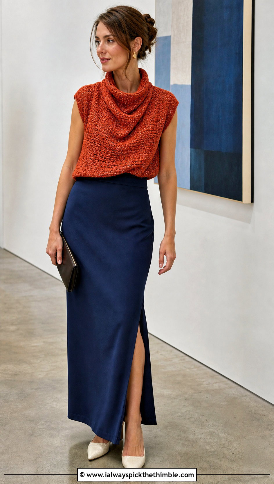 Cowl High Neck Crochet Top With Column Skirt - 25 high neck crochet top outfit ideas