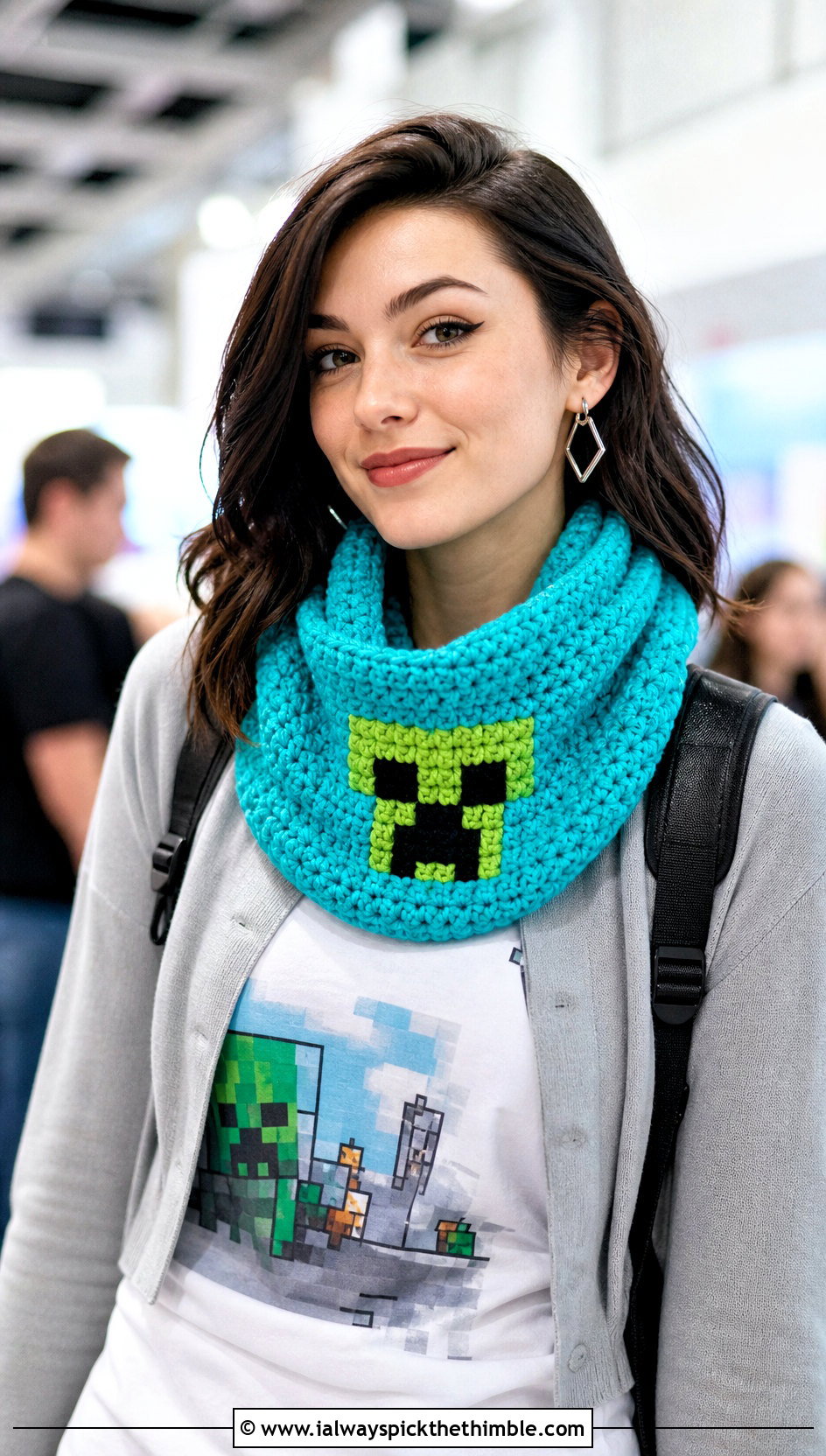Cowl Minecraft Creeper Crochet Scarf With Graphic Tee And Pleated Skirt - 15 minecraft creeper crochet scarf outfit ideas