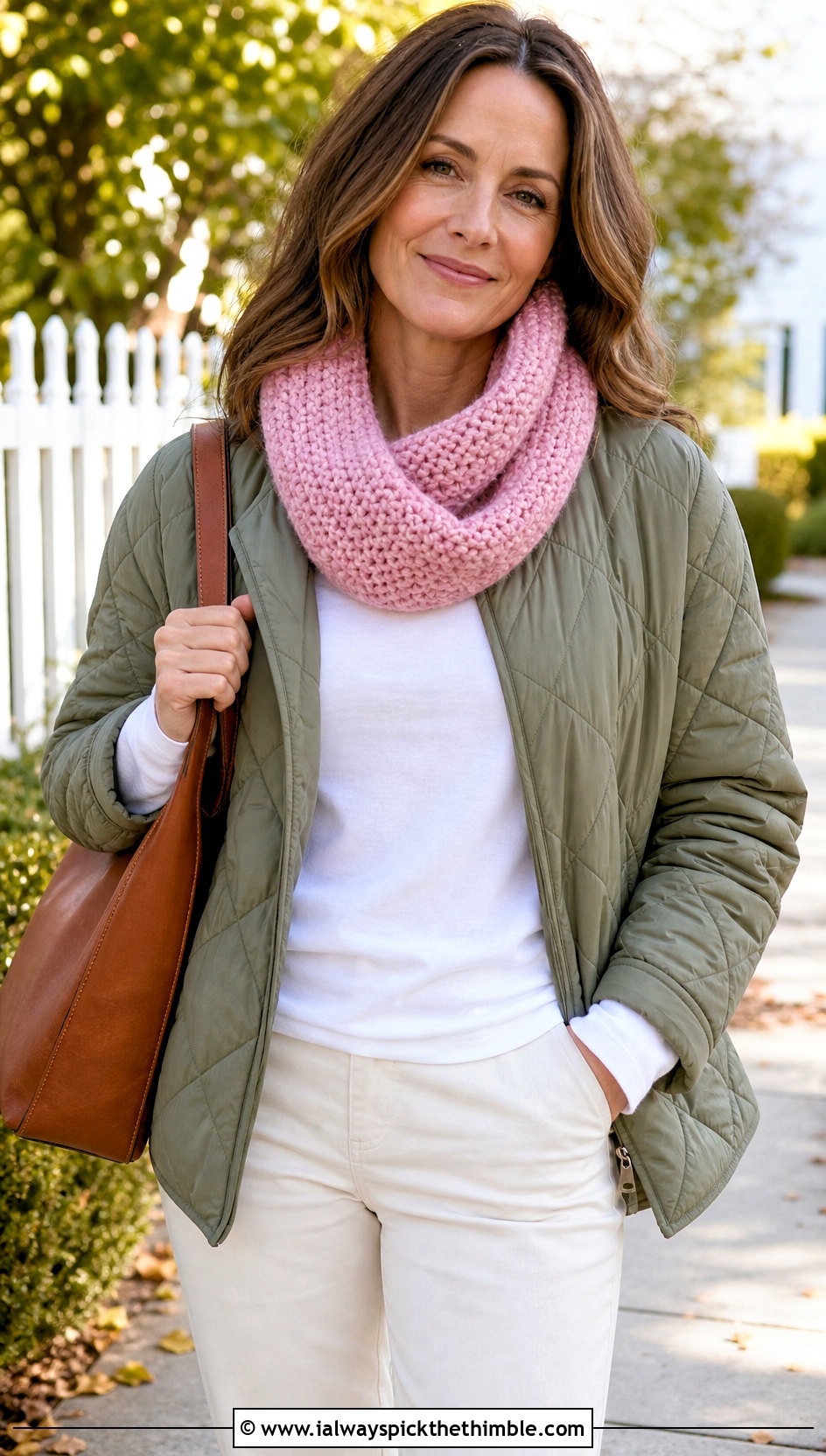 Cowl Moss Stitch Scarf With A Quilted Jacket - 25 crochet moss stitch scarf outfit ideas