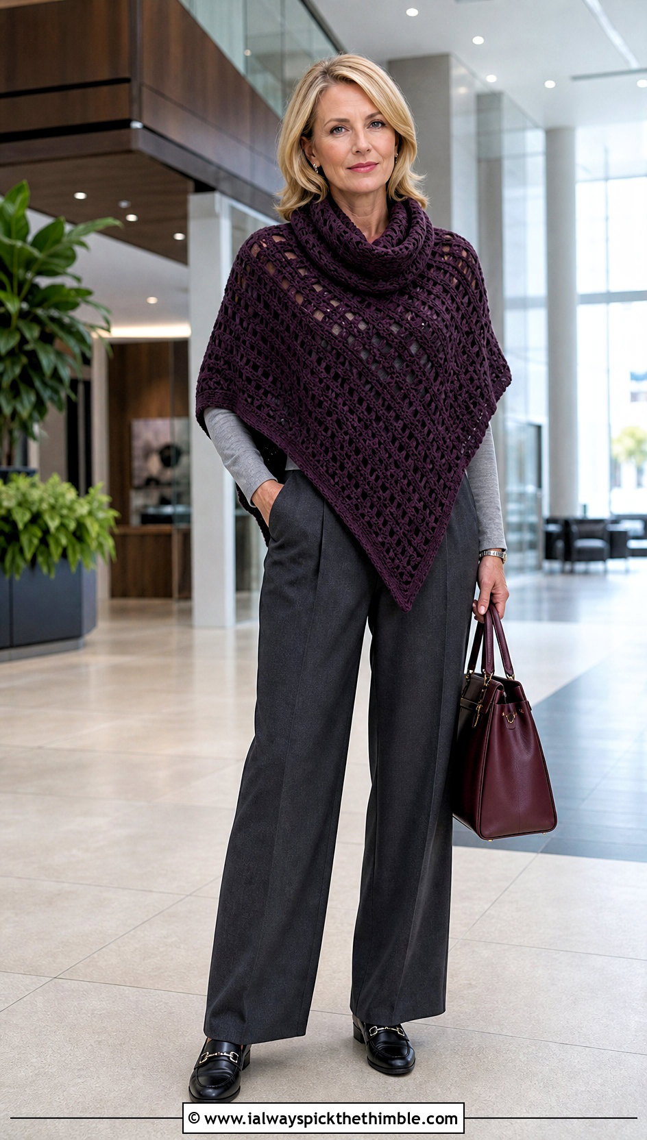 Cowl Neck Asymmetrical Crochet Poncho With Tailored Trousers - 20 Asymmetrical Crochet Poncho outfit ideas