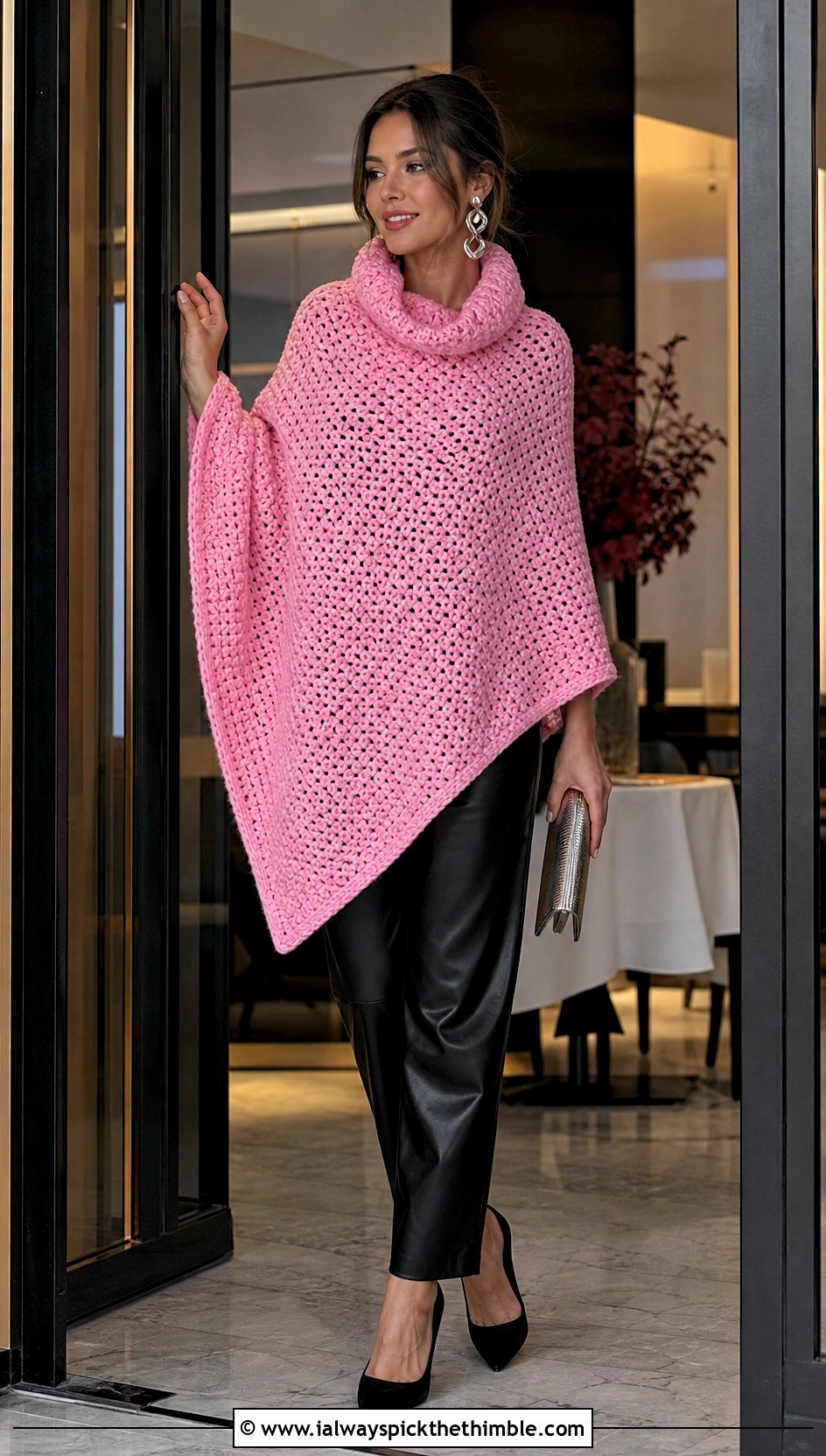 Cowl Neck Blanket Crochet Poncho With Leather Pants - 15 Blanket Crochet Poncho outfit ideas