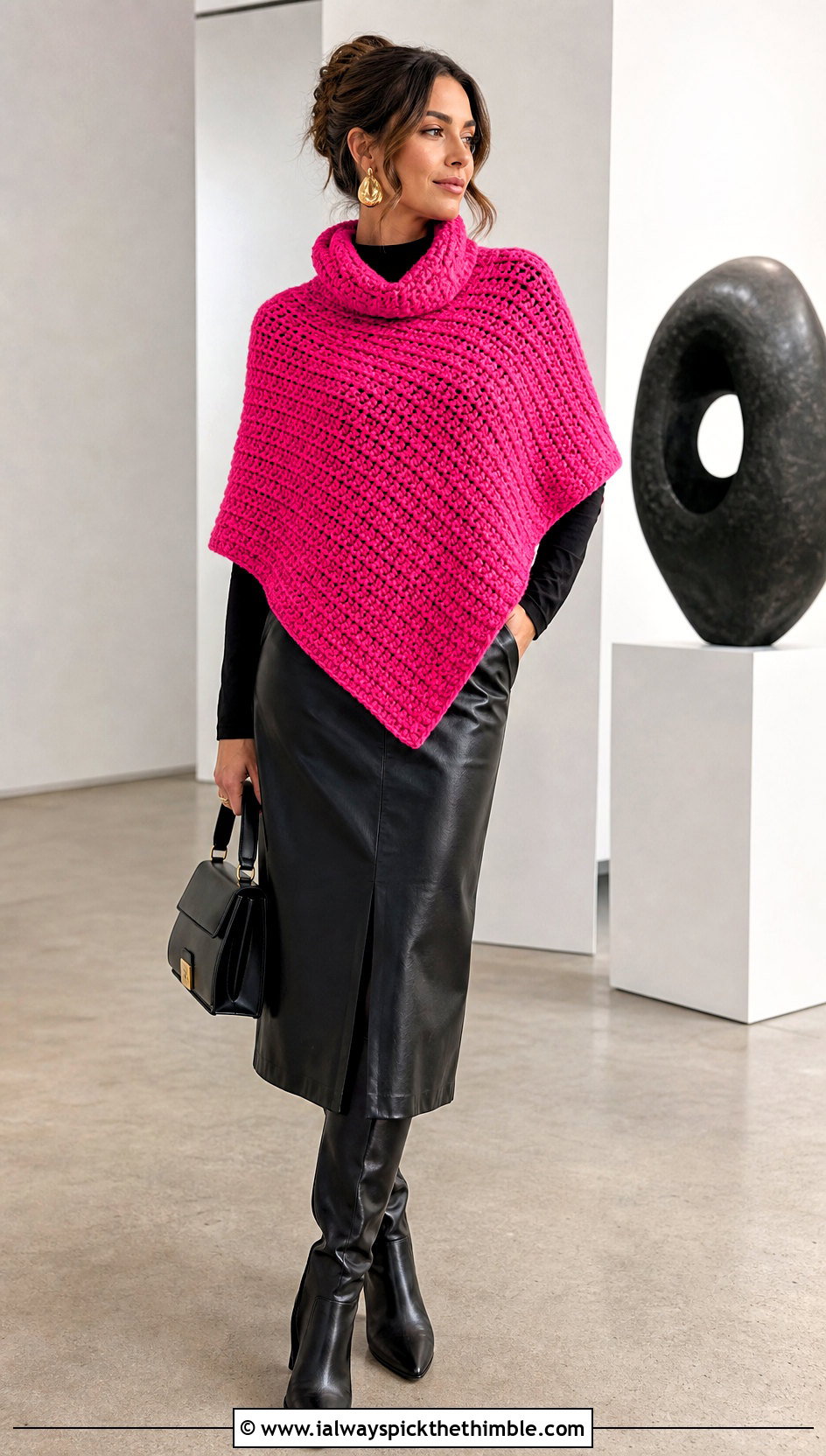 Cowl Neck C2C Poncho With Leather Midi Skirt - 15 Crochet C2C Poncho outfit ideas