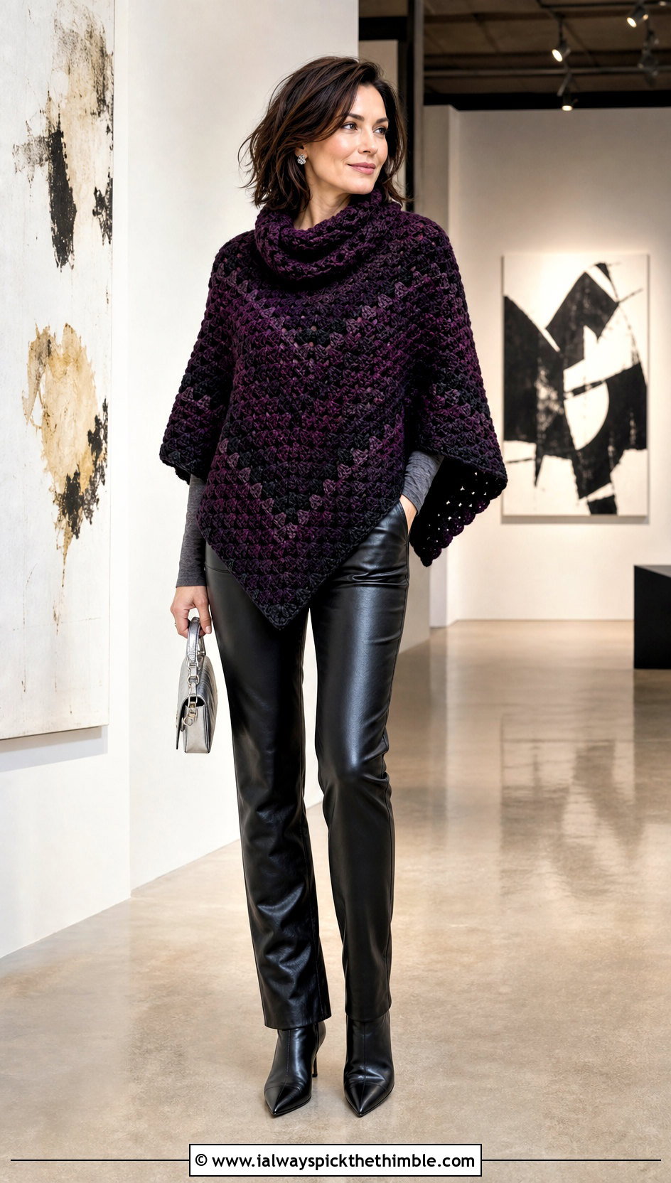 Cowl Neck Corner To Corner Crochet Poncho With Leather Pants - 15 Corner To Corner Crochet Poncho outfit ideas