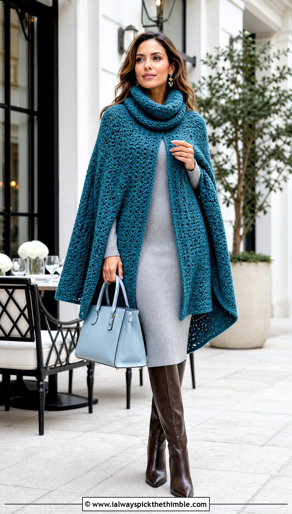Cowl Neck Crochet Cape With A Knit Midi Dress - 25 crochet cape outfit ideas