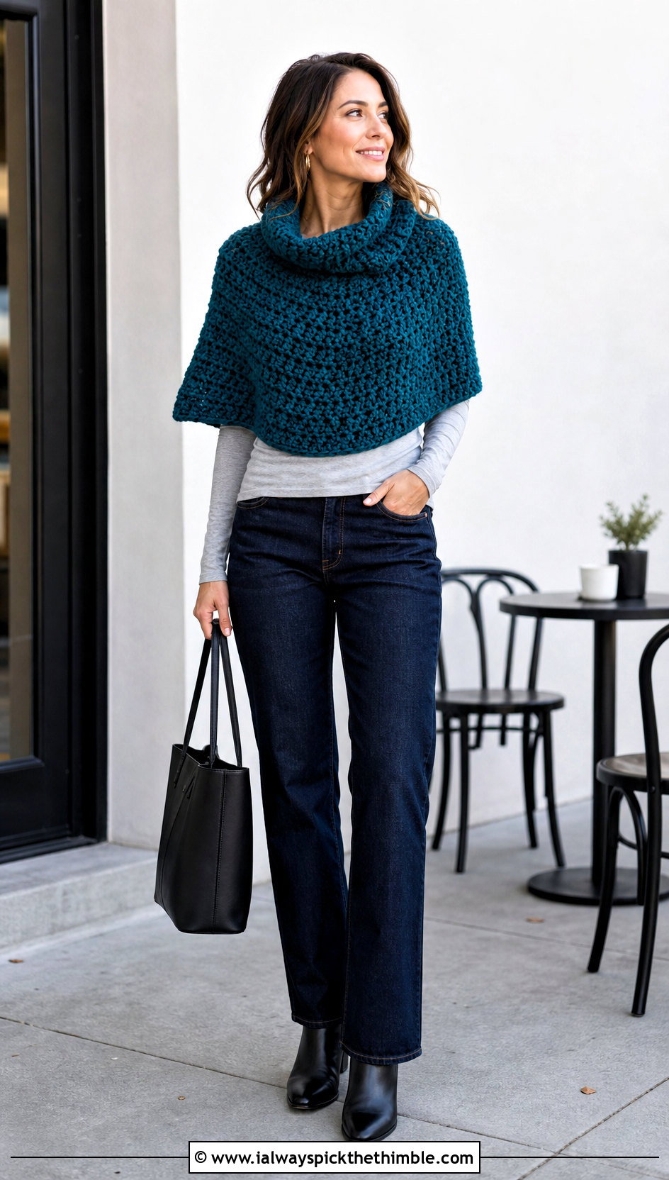 Cowl Neck Crochet Capelet With Straight Leg Jeans - 25 crochet capelet outfit ideas