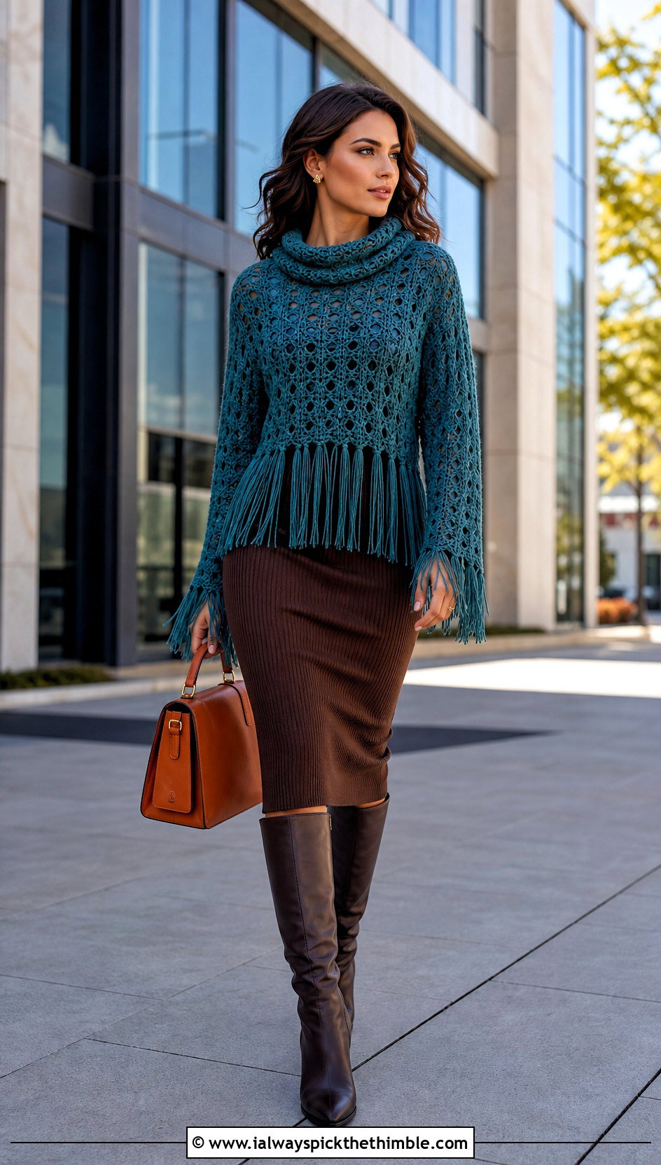 Cowl Neck Crochet Fringe Sweater With Knit Pencil Skirt - 20 Crochet Fringe Sweater outfit ideas