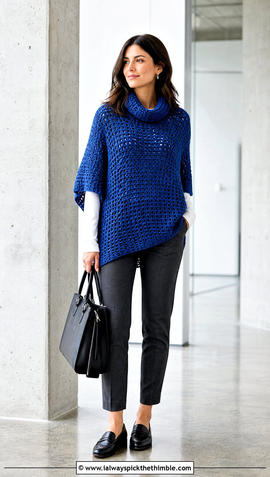 Cowl Neck Crochet Poncho Sweater With Slim Trousers - 25 crochet poncho sweater outfit ideas