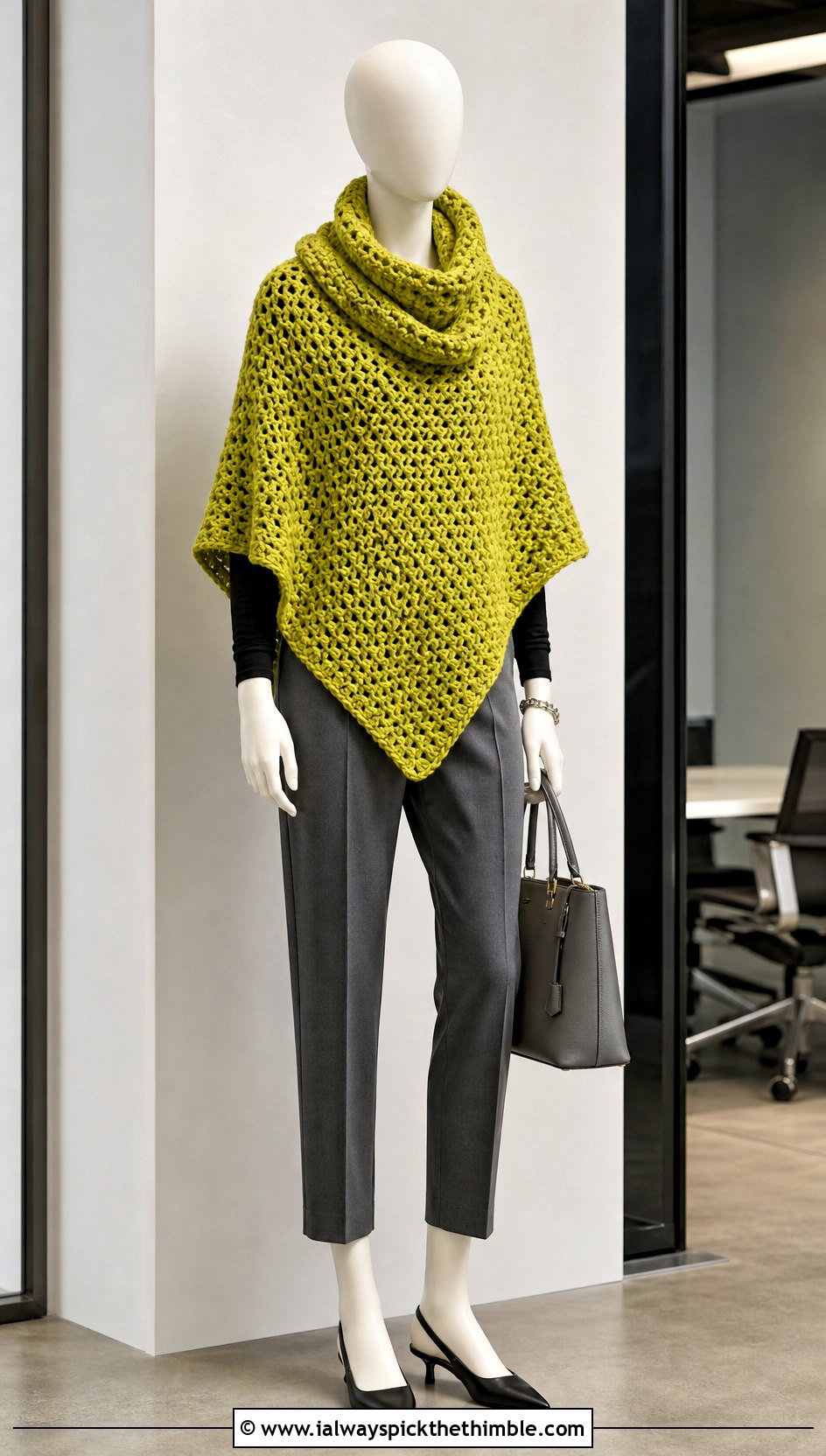 Cowl Neck Crochet Poncho With Cropped Trousers - 15 crochet poncho on mannequin outfit ideas