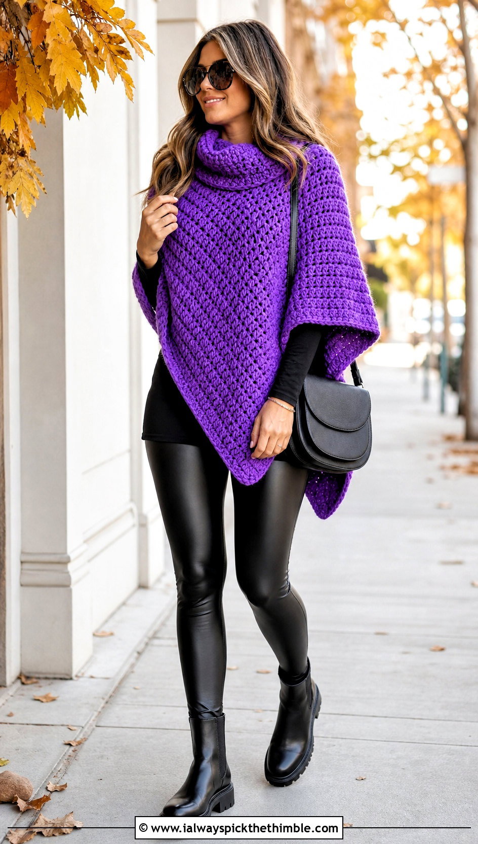Cowl Neck Crochet Poncho With Faux Leather Leggings - 25 crochet poncho woman outfit ideas