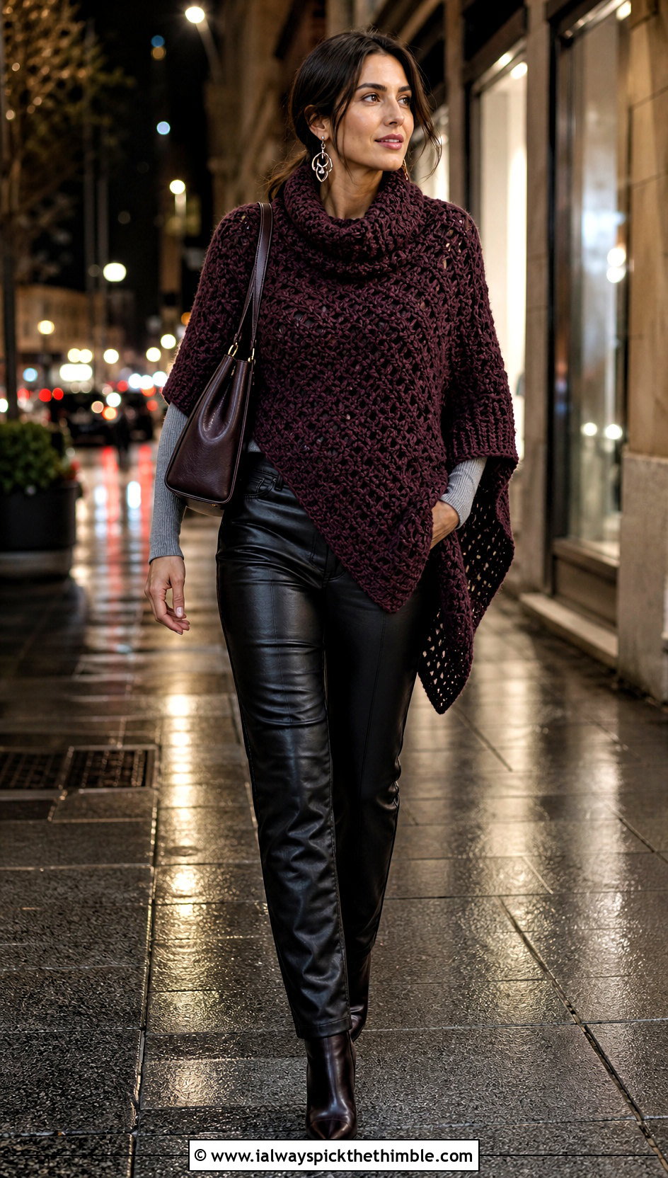 Cowl Neck Crochet Poncho With Leather Pants - 15 Vintage Crochet Poncho outfit ideas