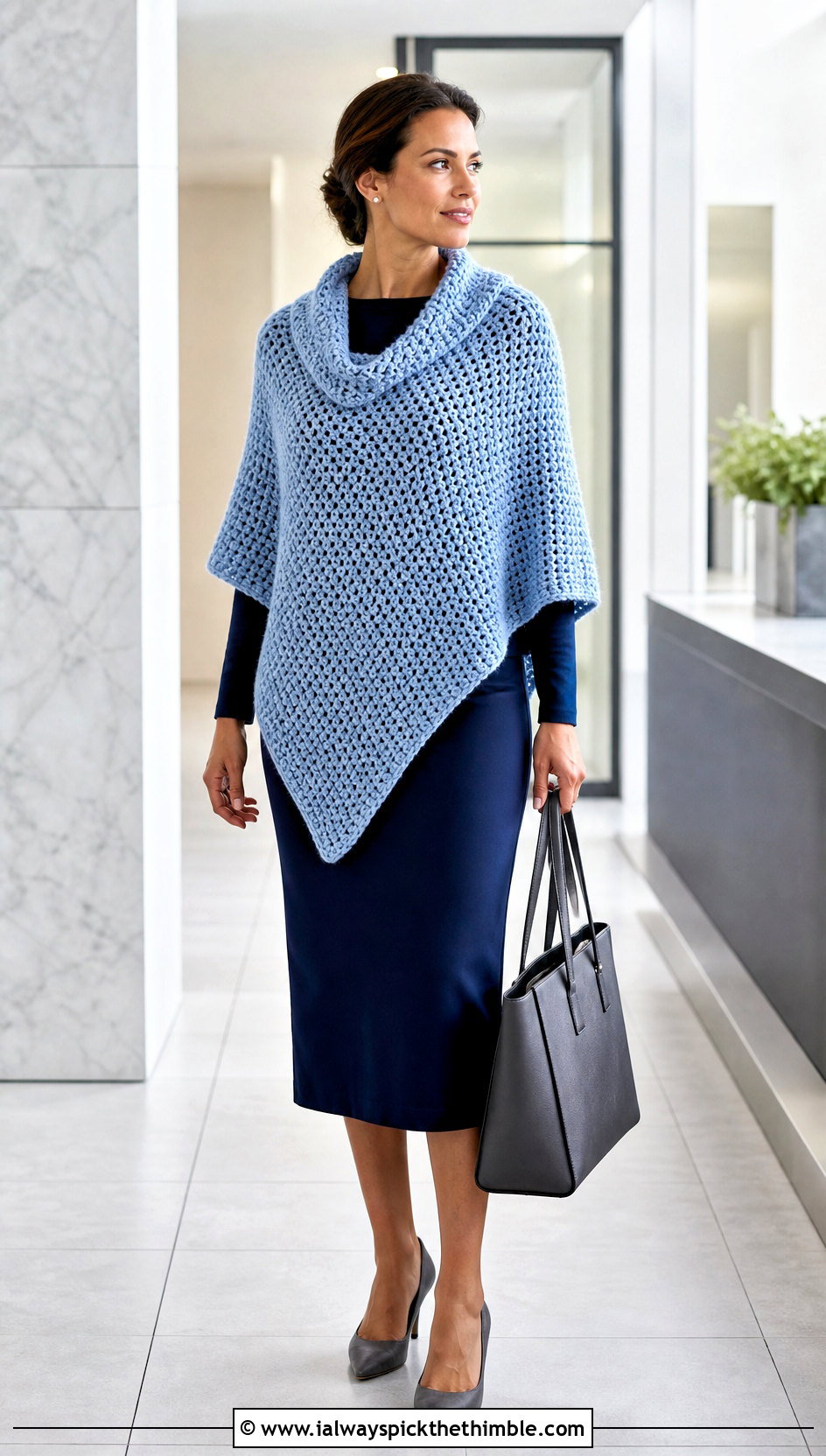 Cowl Neck Crochet Poncho With Pencil Skirt - 20 Simple Crochet Poncho outfit ideas