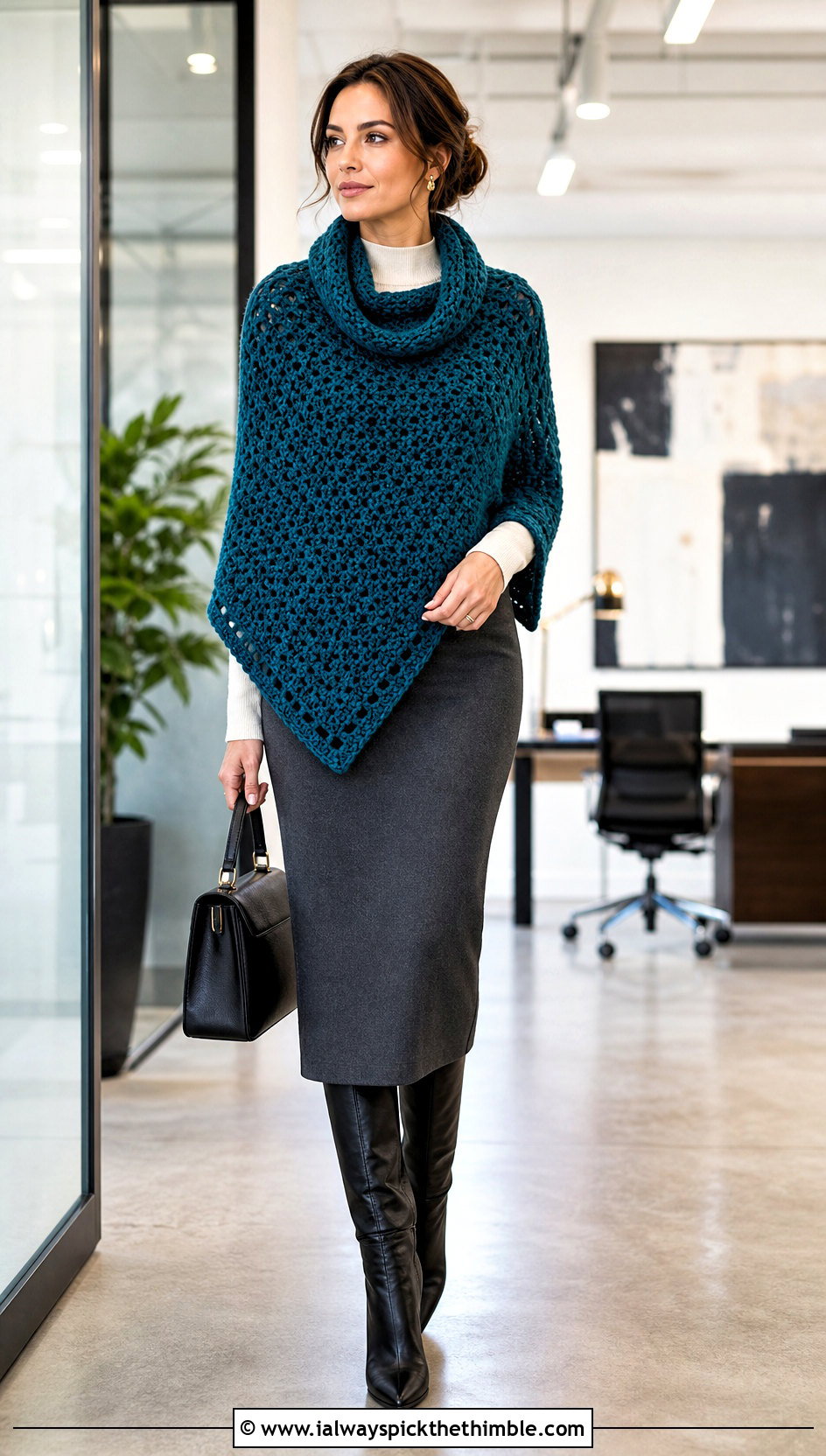 Cowl Neck Crochet Poncho With Pencil Skirt - 20 Easy Crochet Poncho For Beginners outfit ideas