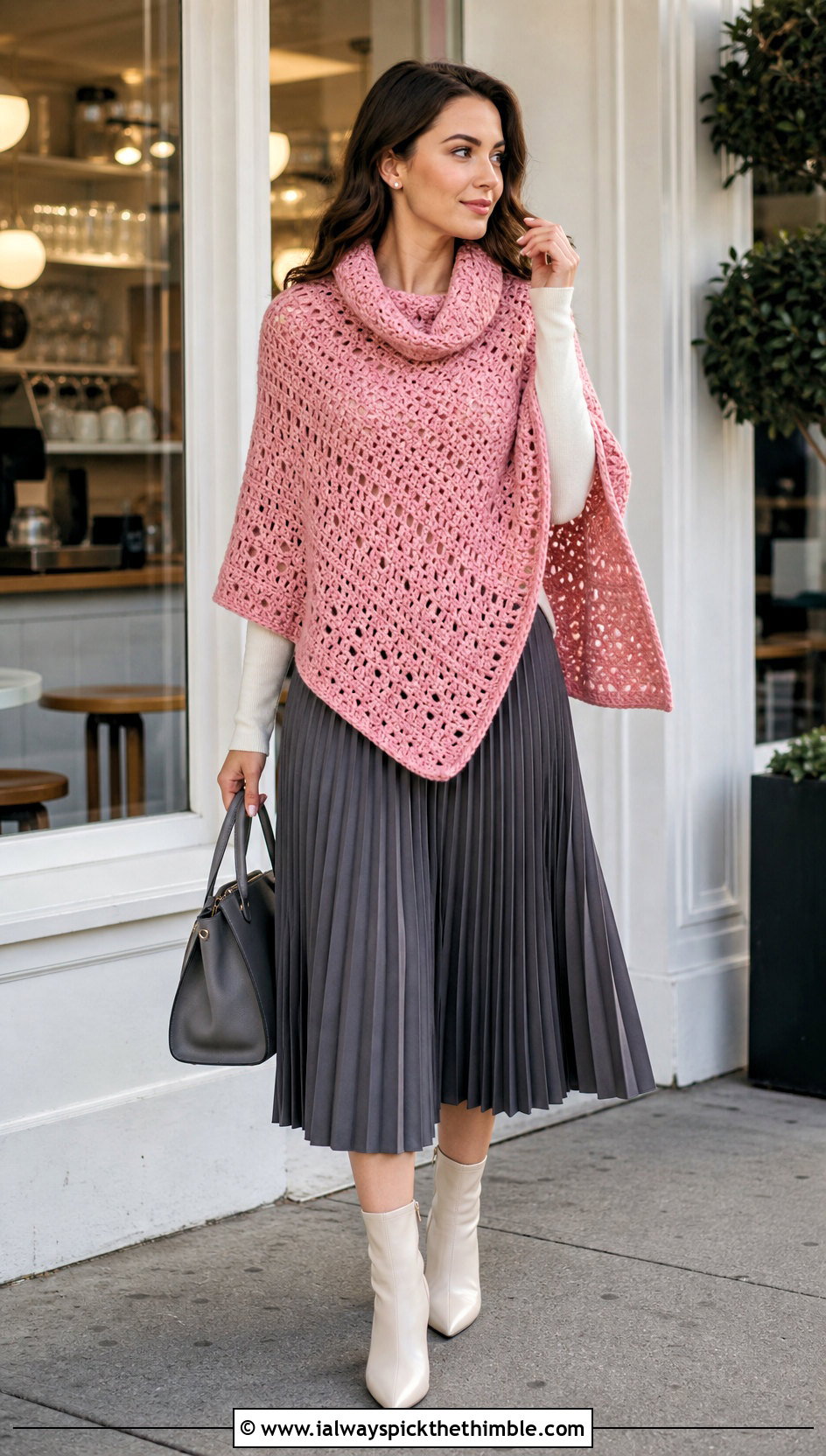 Cowl Neck Crochet Poncho With Pleated Midi Skirt - 25 easy crochet poncho woman outfit ideas