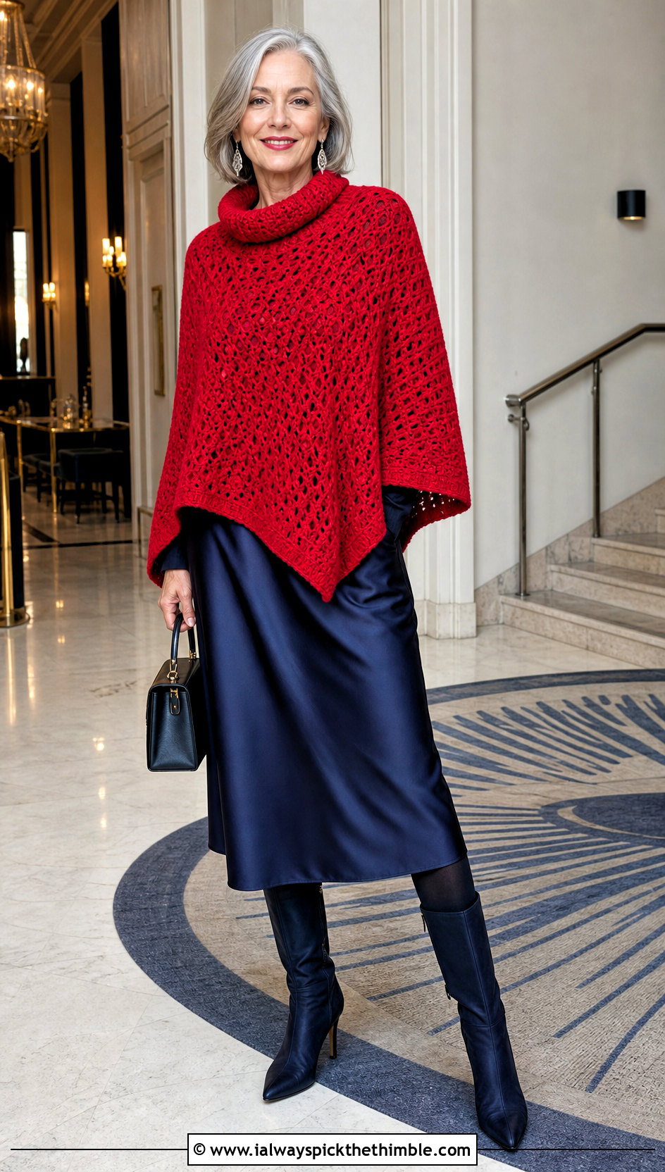 Cowl Neck Crochet Poncho With Satin Midi Skirt - 20 woman winter crochet poncho outfit ideas