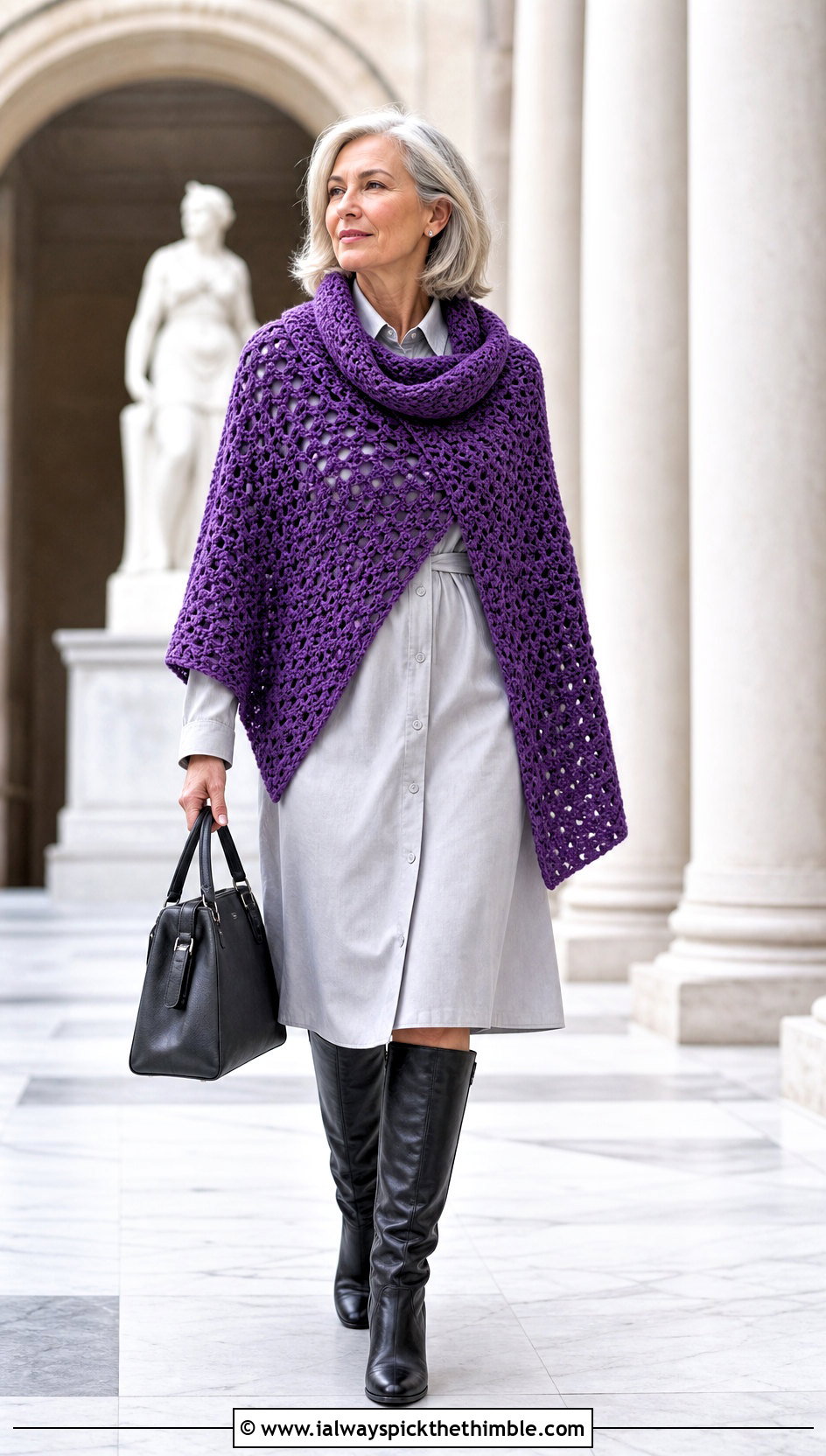 Cowl Neck Crochet Poncho With Shirt Dress - 25 easy crochet poncho outfit ideas