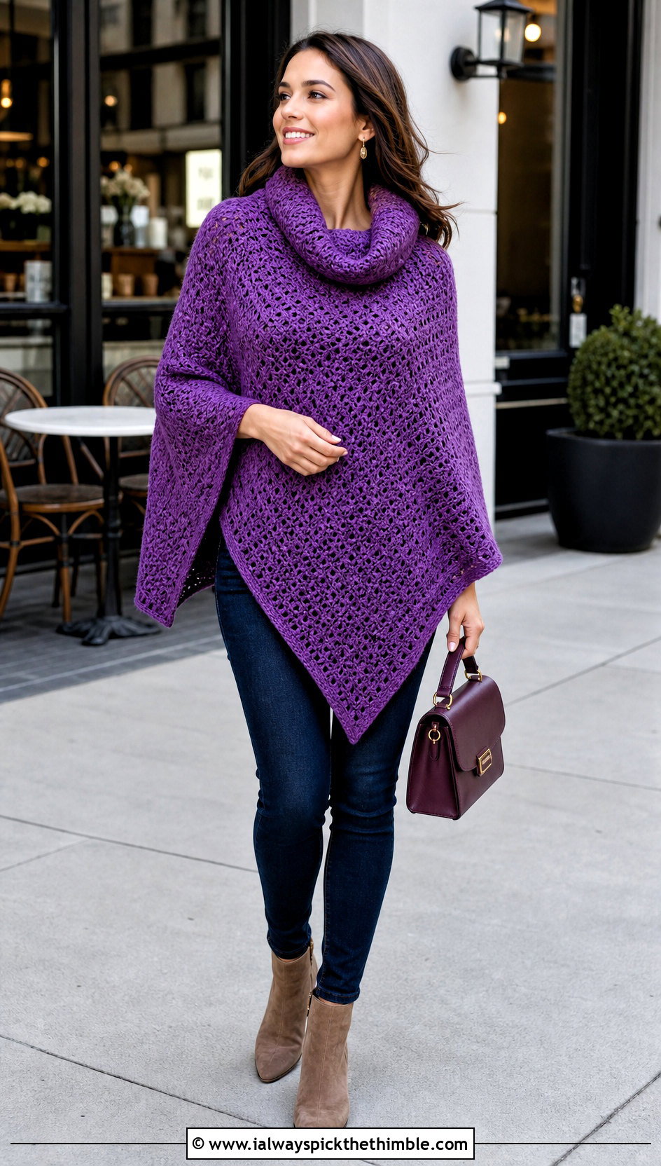 Cowl Neck Crochet Poncho With Skinny Jeans - 25 crochet ponchos outfit ideas