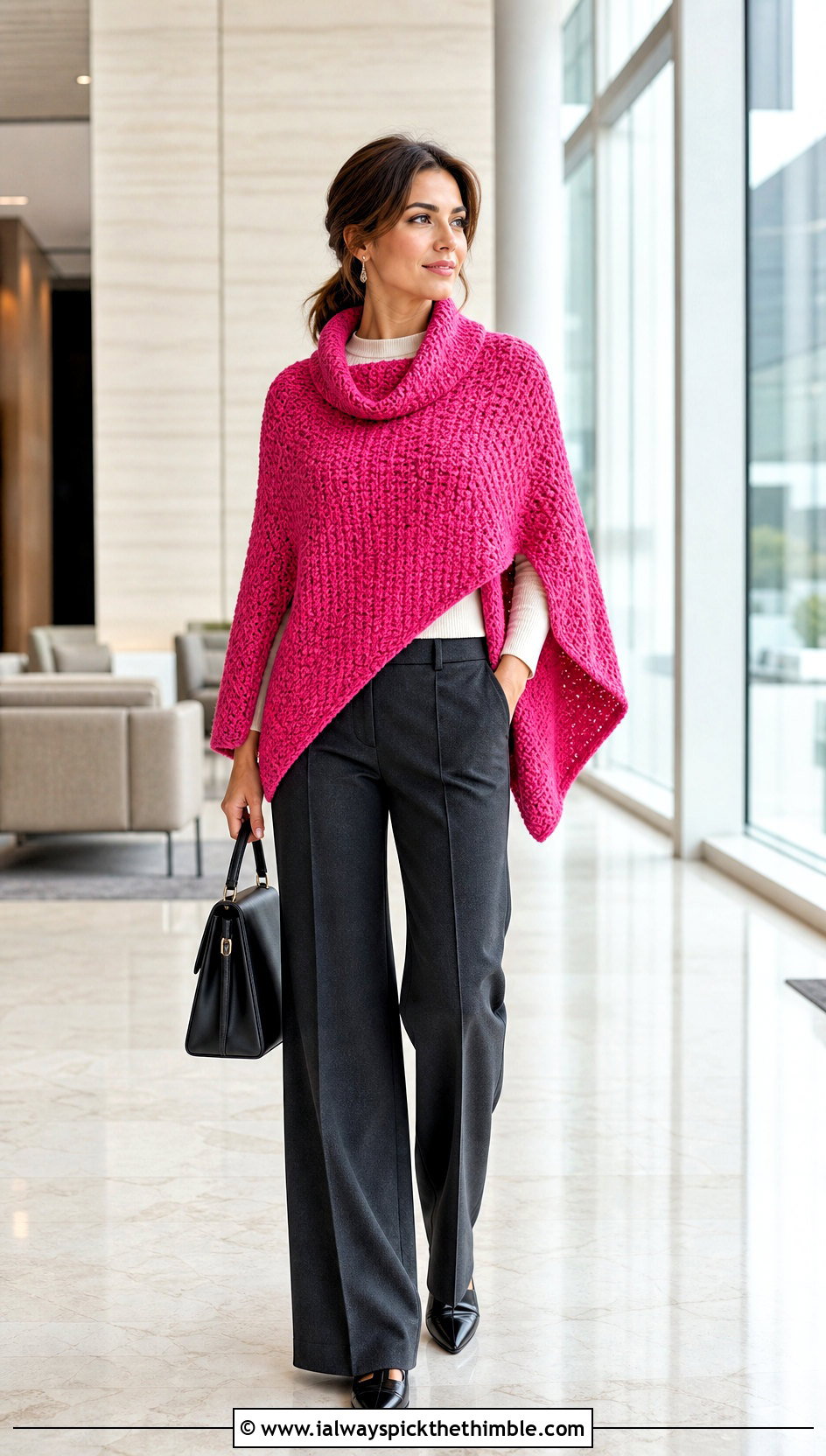 Cowl Neck Crochet Poncho With Sleeves And Tailored Trousers - 20 crochet poncho with sleeves outfit ideas