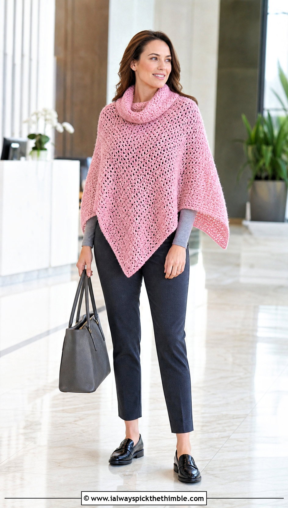 Cowl Neck Crochet Poncho With Slim Trousers - 20 Easy Simple Crochet Poncho outfit ideas