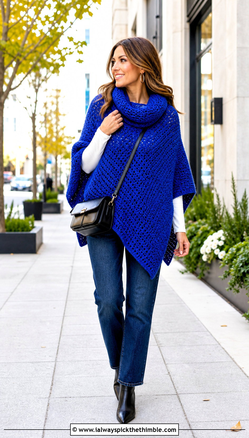 Cowl Neck Crochet Poncho With Straight Leg Jeans - 20 Crochet Fall Poncho outfit ideas