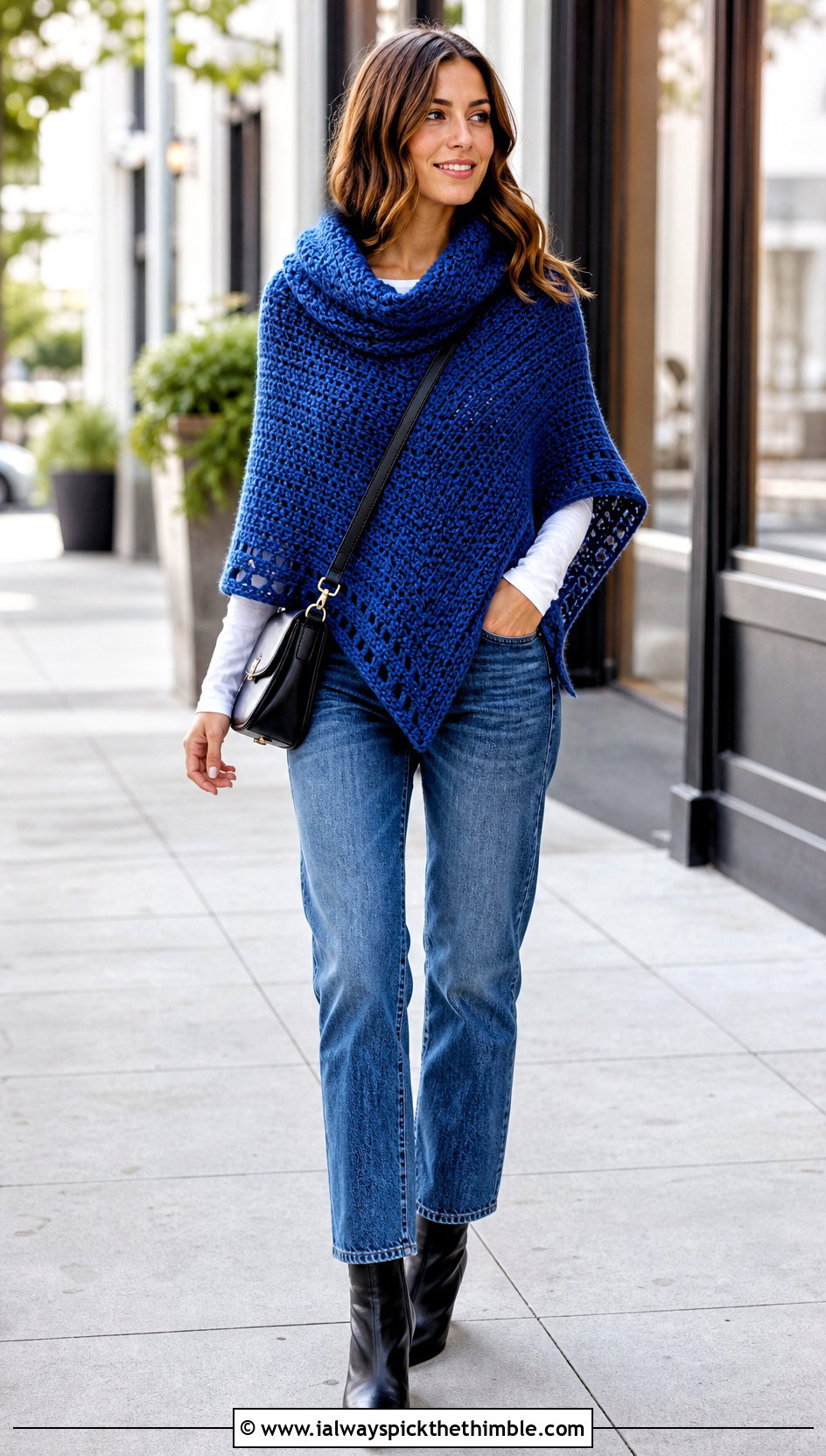 Cowl Neck Crochet Poncho With Straight Leg Jeans - 20 Crochet Poncho With Collar outfit ideas