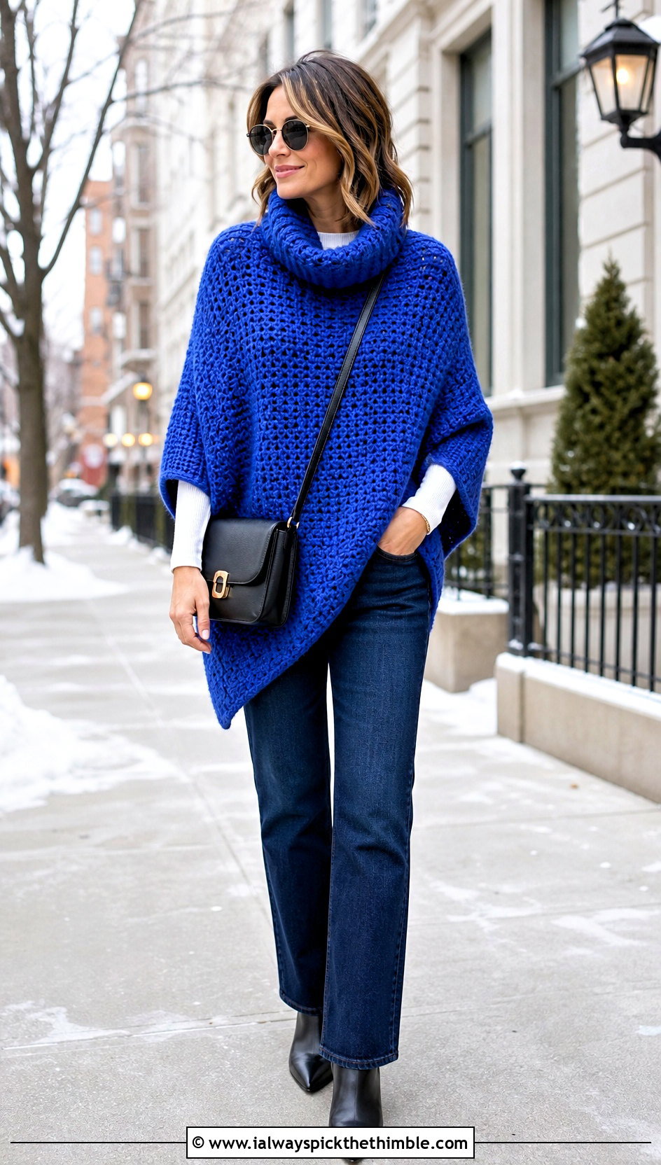 Cowl Neck Crochet Poncho With Straight Leg Jeans - 15 Winter Crochet Poncho outfit ideas