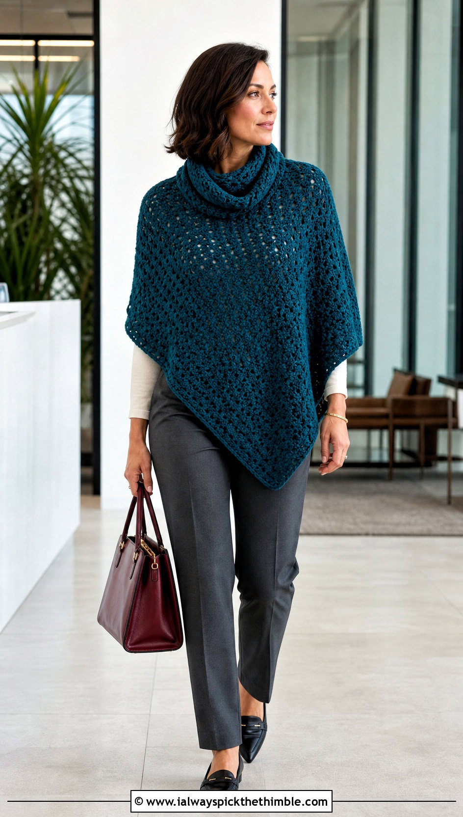 Cowl Neck Crochet Poncho With Tailored Pants - 15 Modern Crochet Poncho outfit ideas