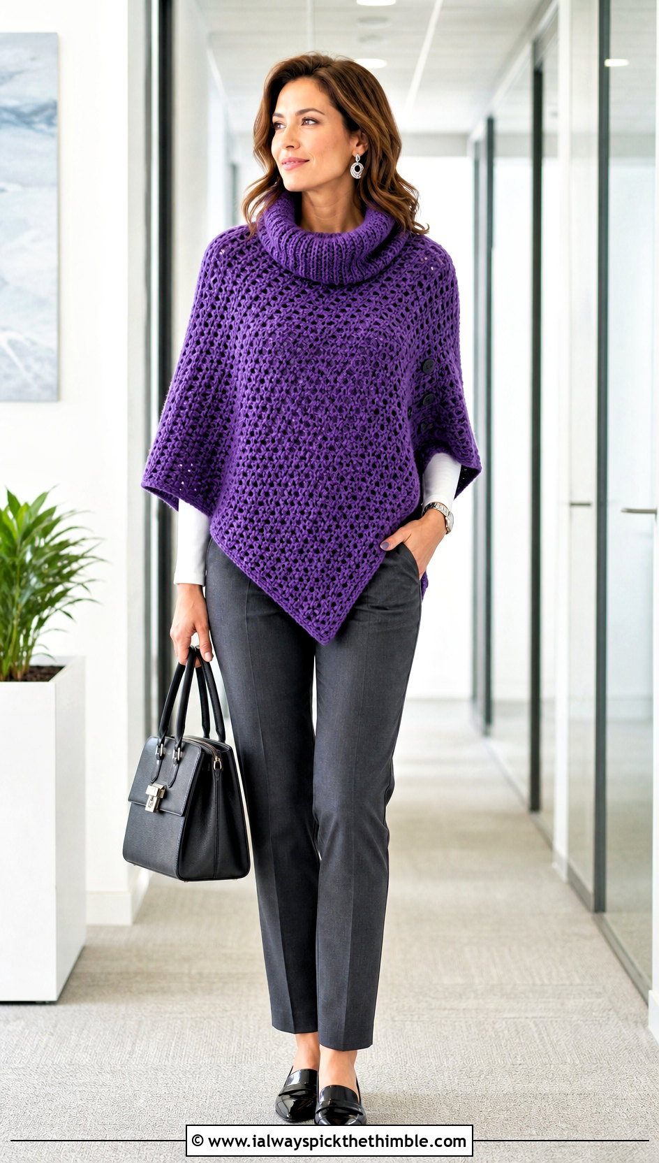 Cowl Neck Crochet Poncho With Tailored Trousers - 15 Crochet Womens Poncho outfit ideas
